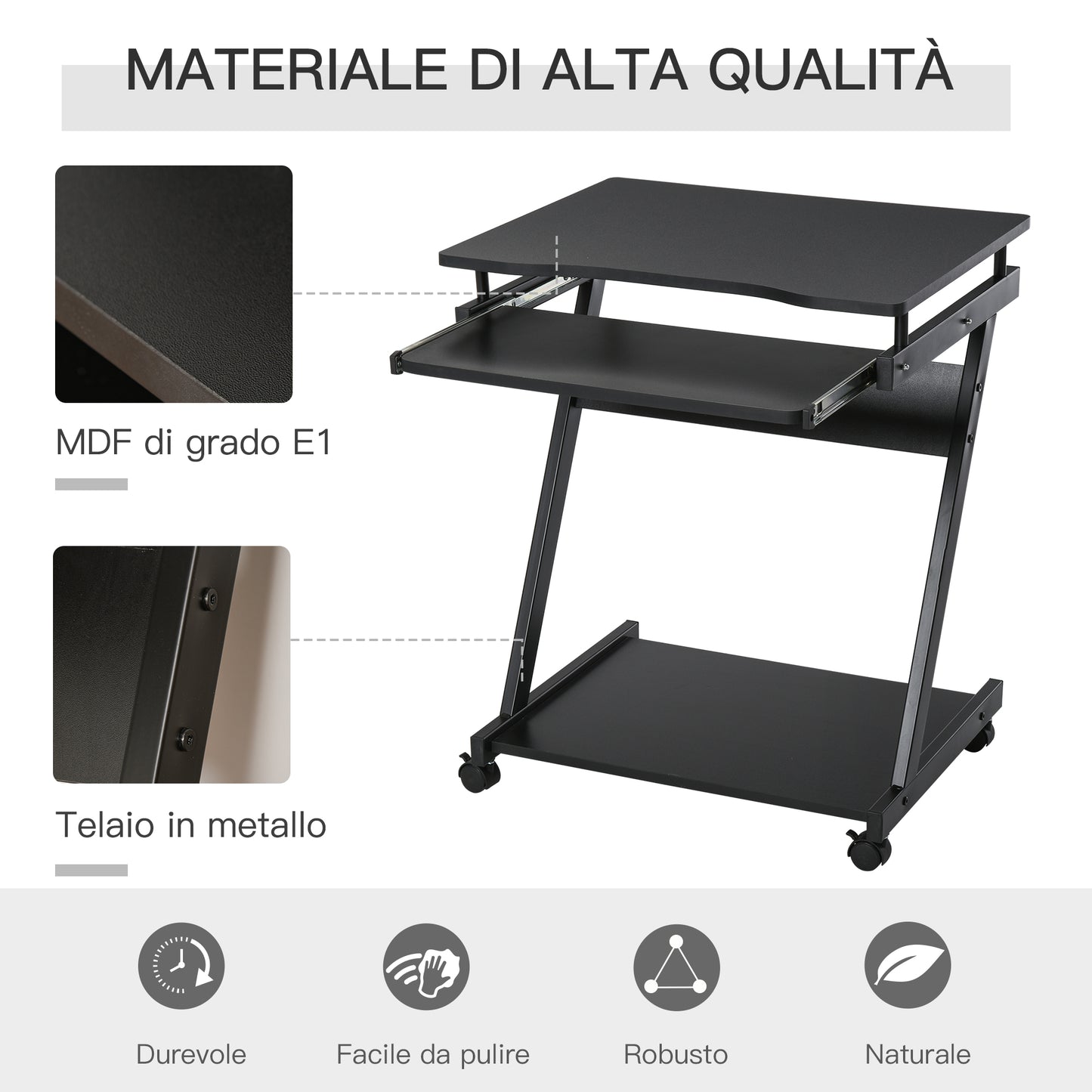 Classic Space-Saving Computer Desk, Kids Bedroom Desk with Retractable Keyboard Tray, 4 Wheels and Lower Shelf, Black 60x48x73cm