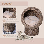 Raised Cat Bed with Cushion, Natural Banana Leaf House, Beige and Brown, 42x33x52cm - Borge' Group Limited