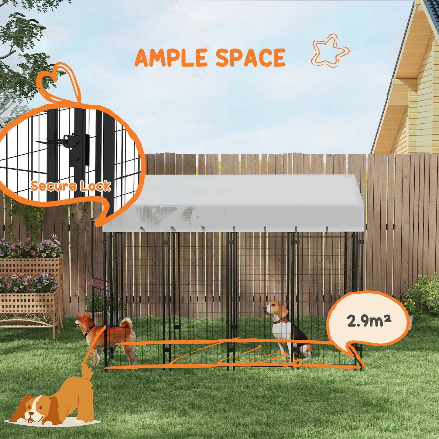 Pawhut Outdoor dog fence with roof and leads to 2 metal sections, 239x121x183cm, silver - Borgè