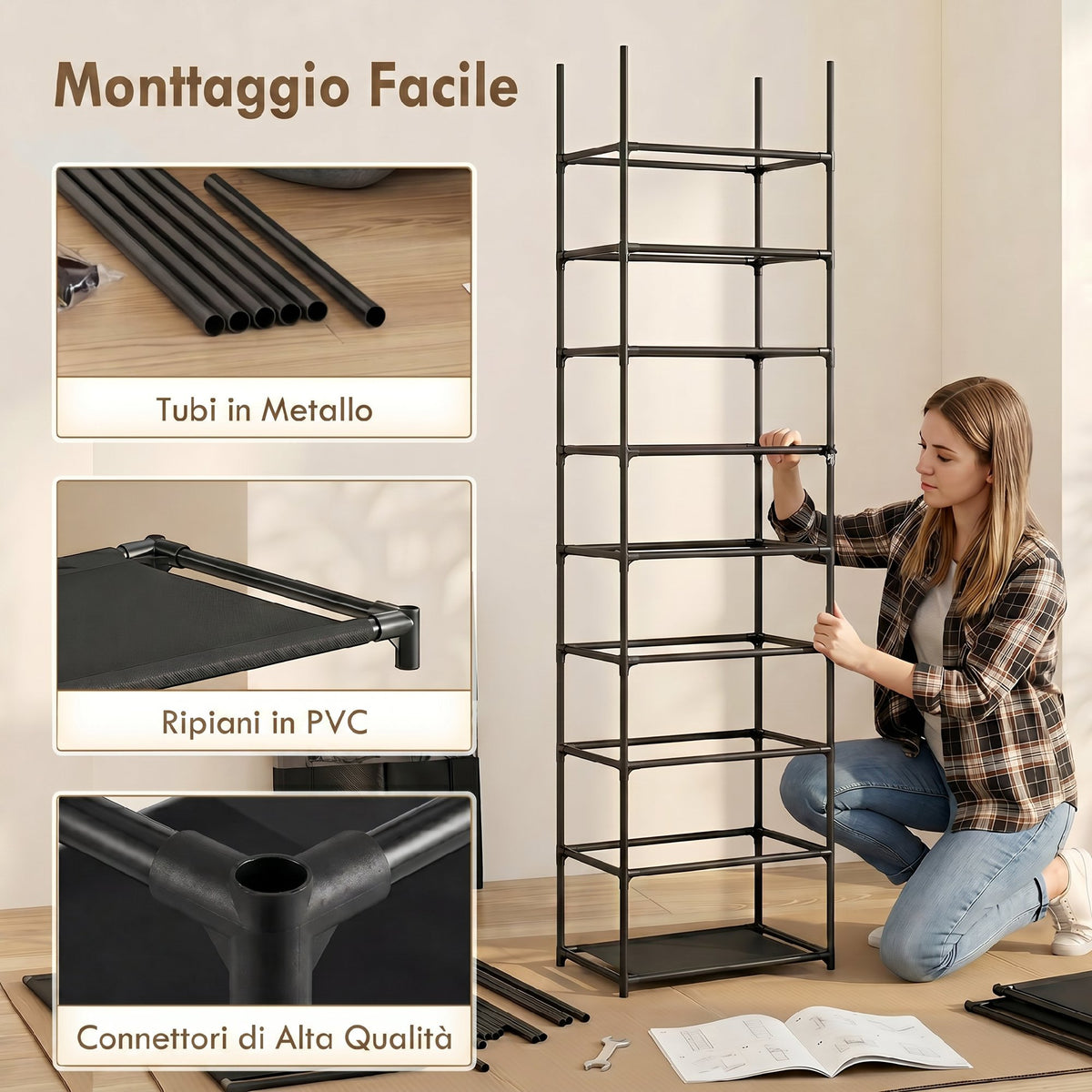 HOMCOM 10-Tier Shoe Rack, Dust Cover, 20 Pairs, 45x30x175 cm, Black