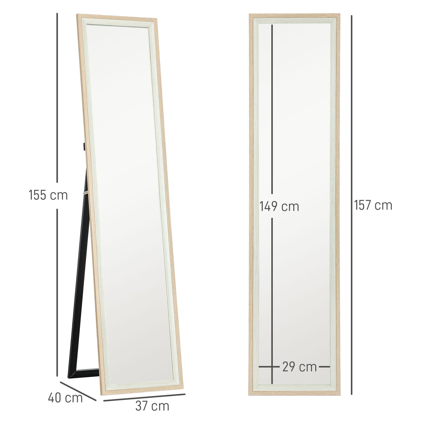 Modern Full-Length Wall Mirror Freestanding Mirror, 37x157 cm, White and Wood