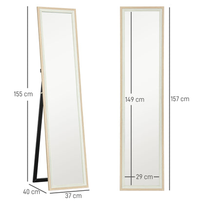 Modern Full-Length Wall Mirror Freestanding Mirror, 37x157 cm, White and Wood