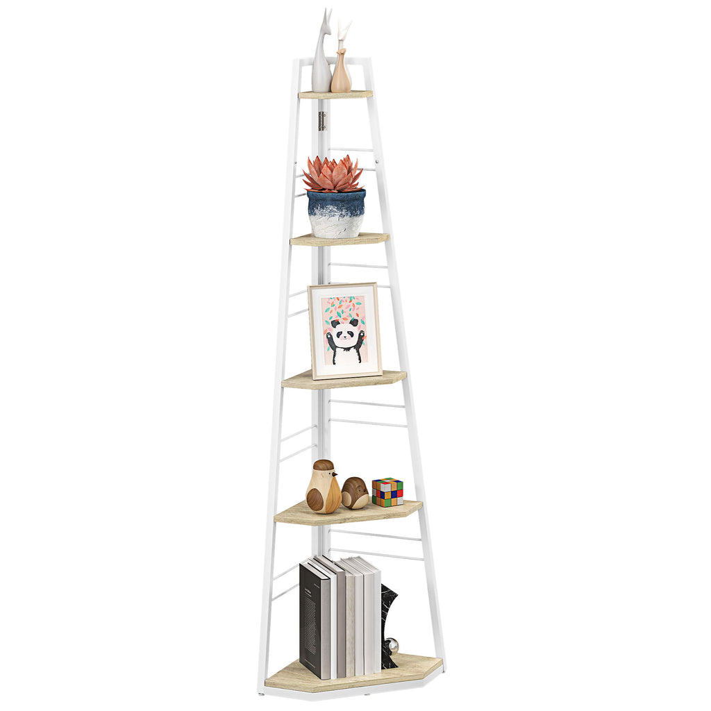 5-Tier Corner Bookcase with Folding Frame and Adjustable Feet, Wood Color