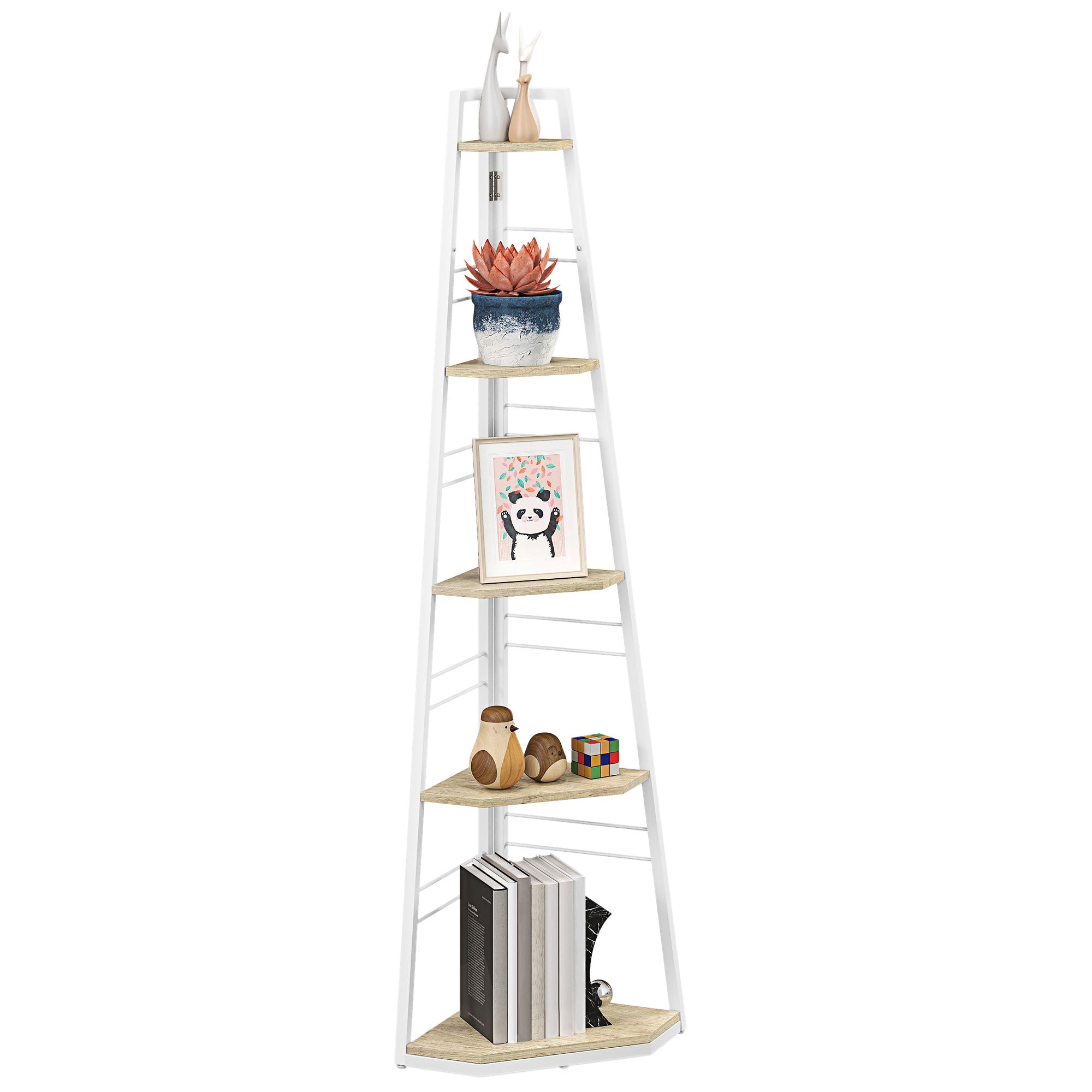 5-Tier Corner Bookcase with Folding Frame and Adjustable Feet, Wood Color