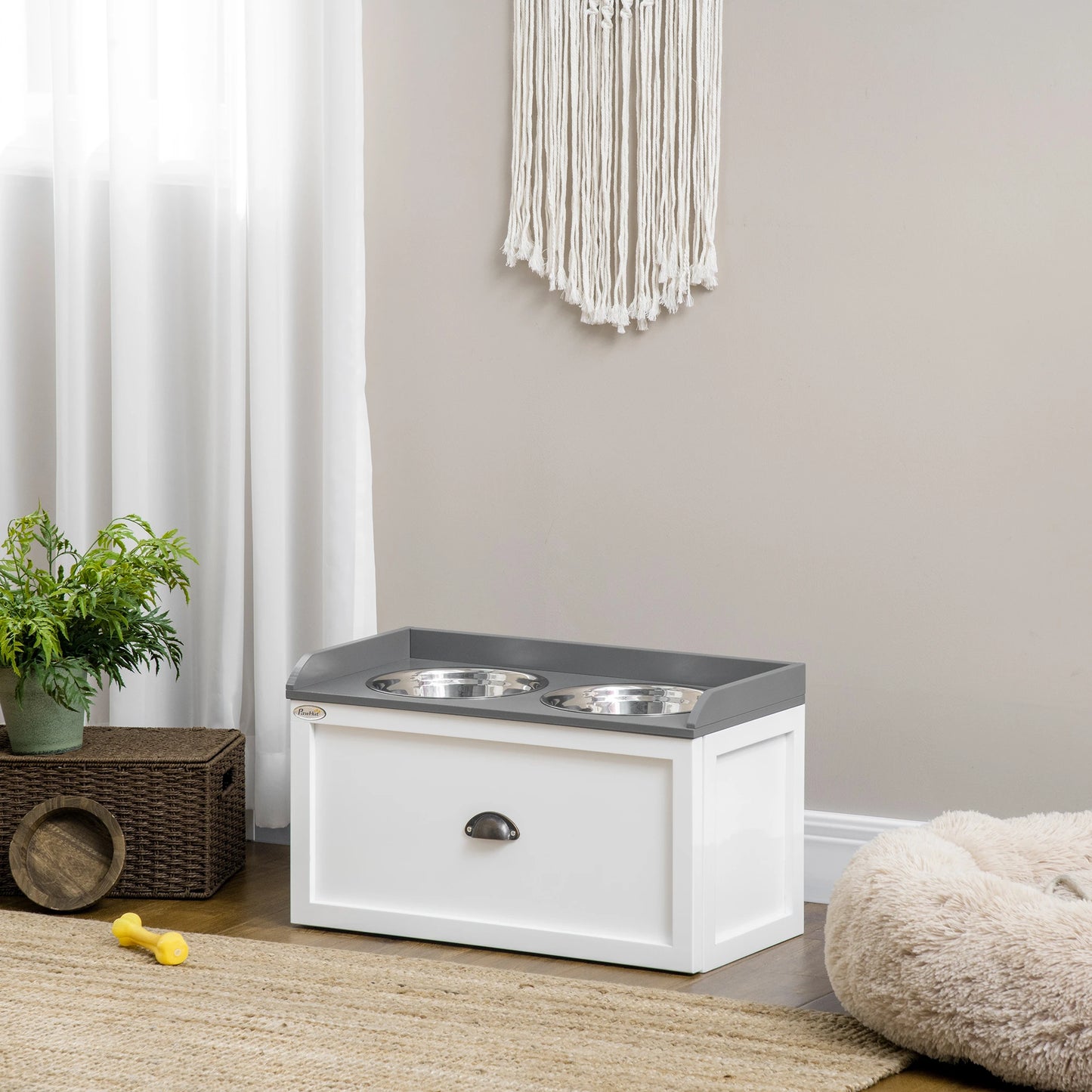 Stainless Steel and Wood Raised Dog Bowls with Drawer, 60x30x36cm, White and Grey