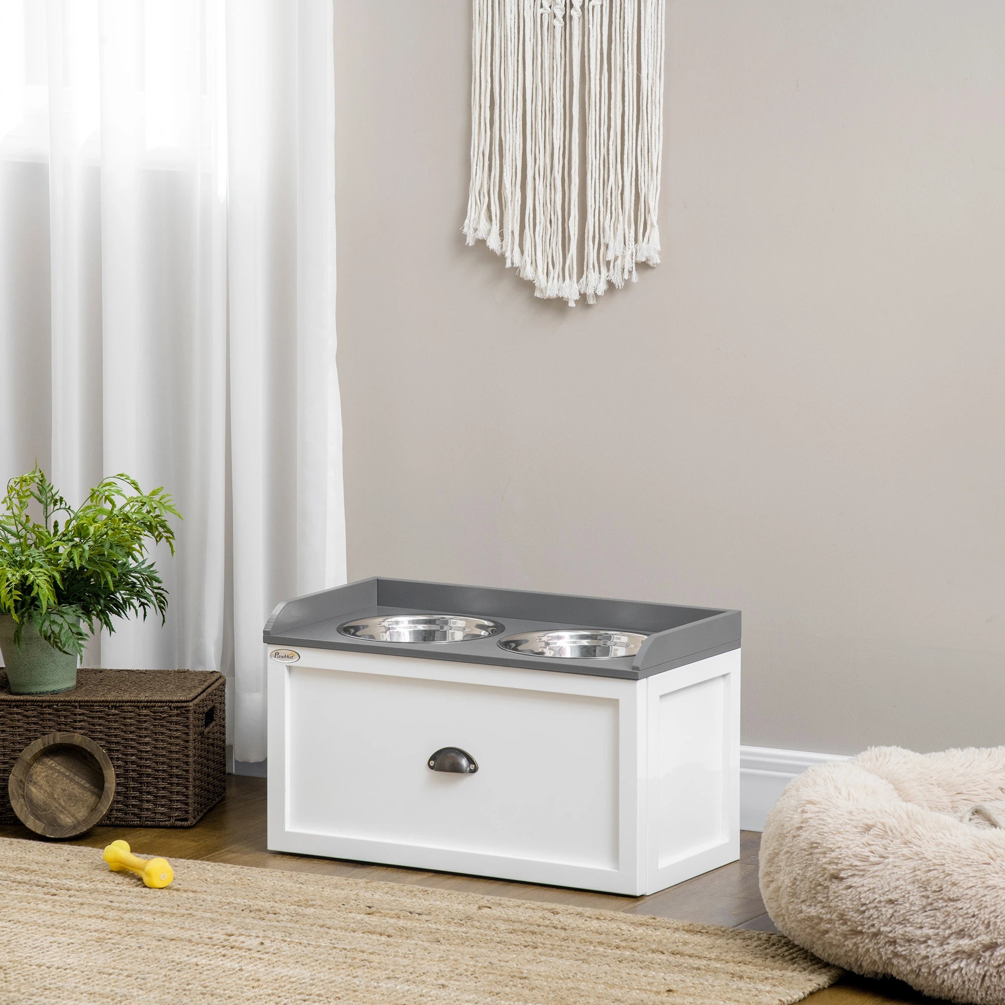 Stainless Steel and Wood Raised Dog Bowls with Drawer, 60x30x36cm, White and Grey - Borge' Group Limited