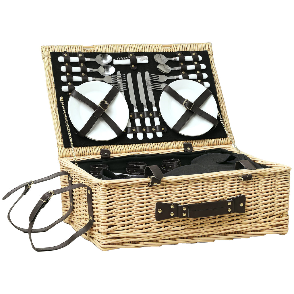 Picnic Basket for 4 People with Fridge Area and Accessories, in Wicker, 54x34x20 cm, Wood Color