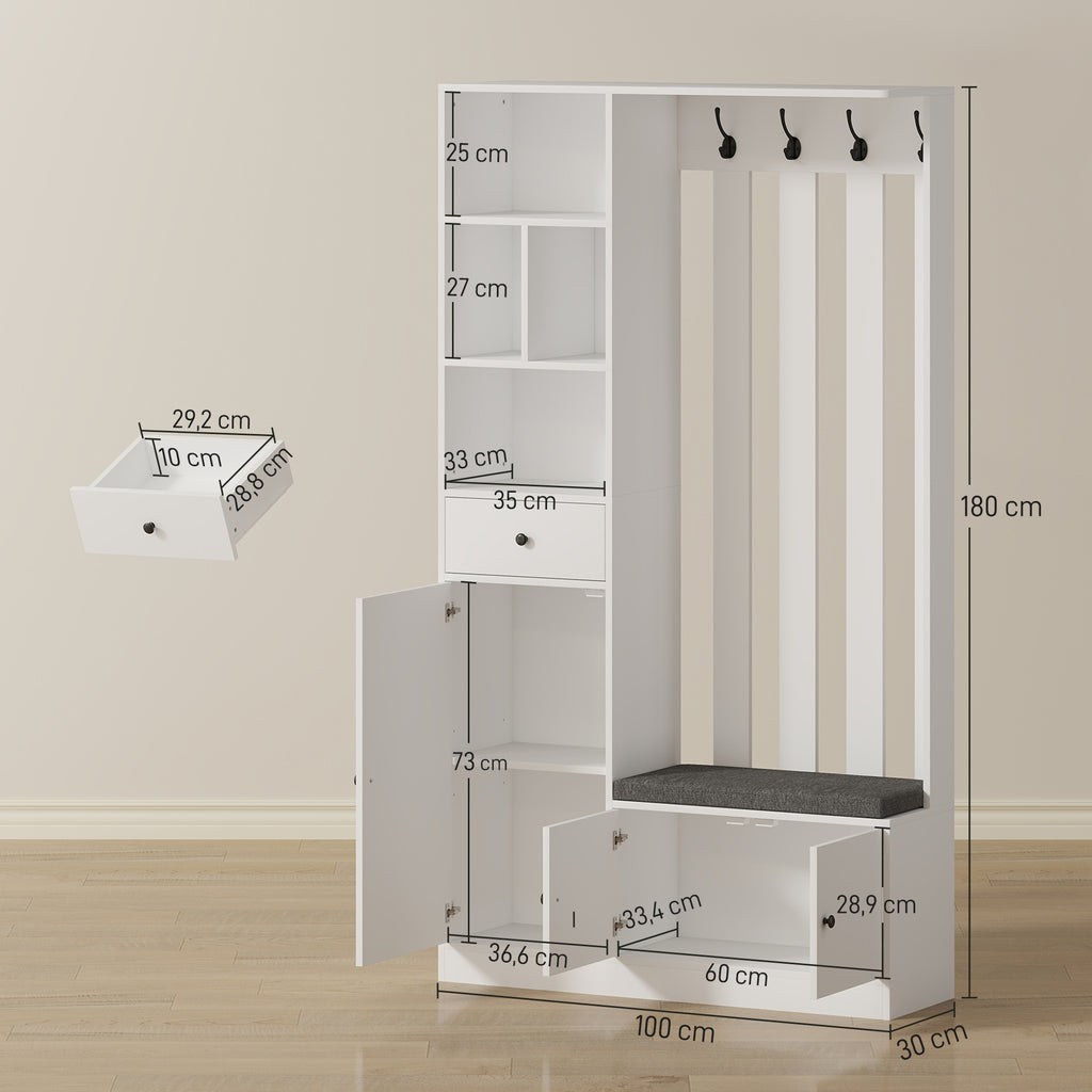HOMCOM 180cm Coat Rack with Shoe Bench, 4-in-1 Solution with Adjustable Shelf, 4 Hooks and Open Compartments, for Entryway Living Room, White