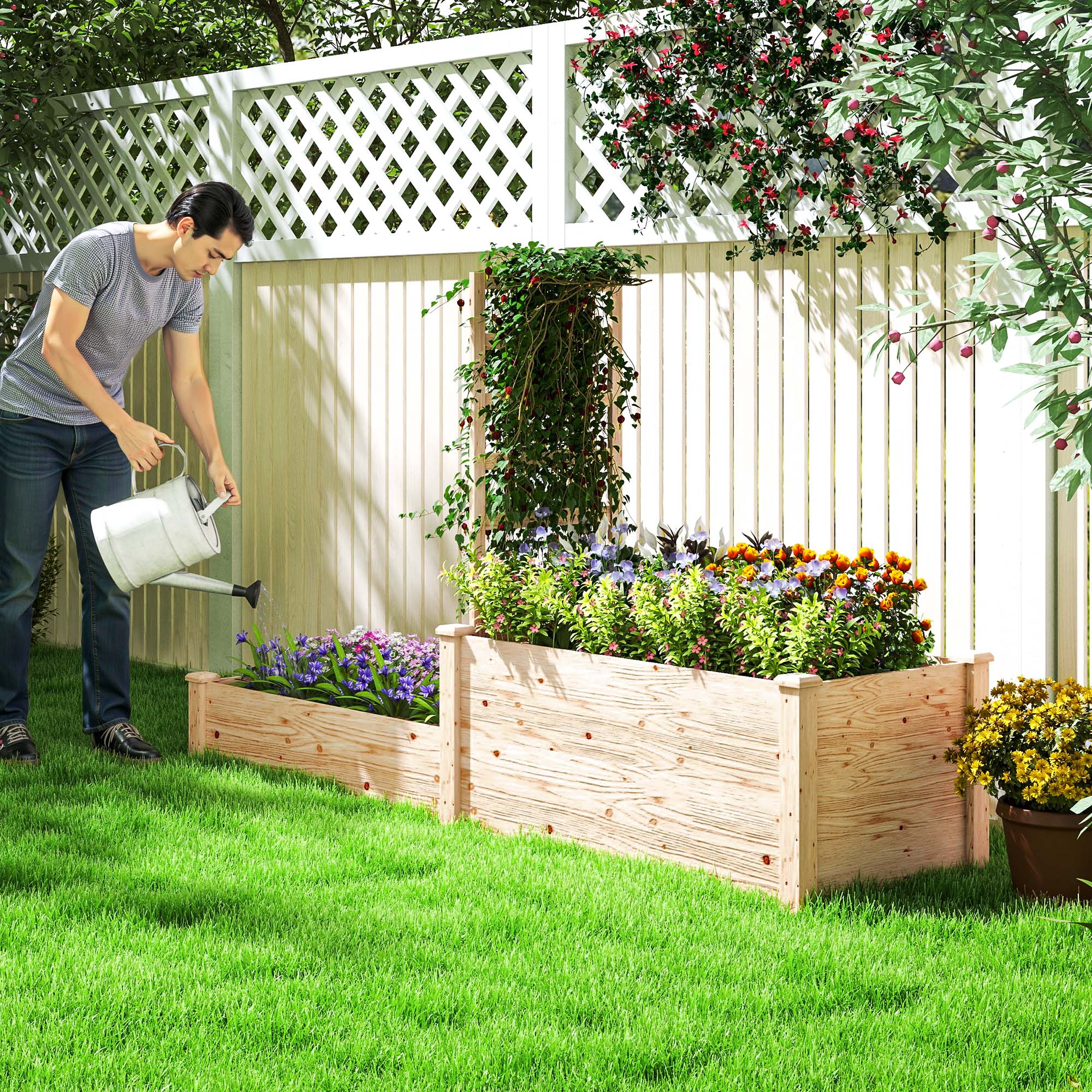 Raised Planter with Trellis for Climbing Plants and Divider, in Fir Wood, 222x63x132 cm, Wood Color