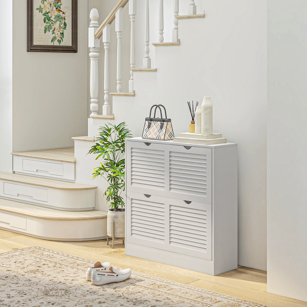 HOMCOM Mobile Space-Saving Wooden Shoe Rack for 16 Pairs of Shoes with 2 Flap Doors, 81.5x25x83cm, White - Borgè