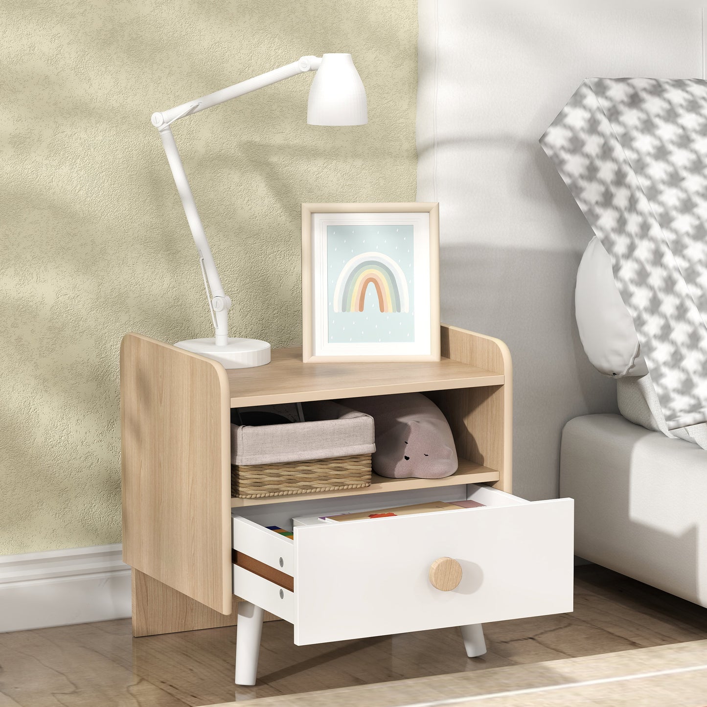 Bedside Table with Drawer for Children 3-10 Years Old in Wood and Pine Wood, 40x32.5x40 cm, White