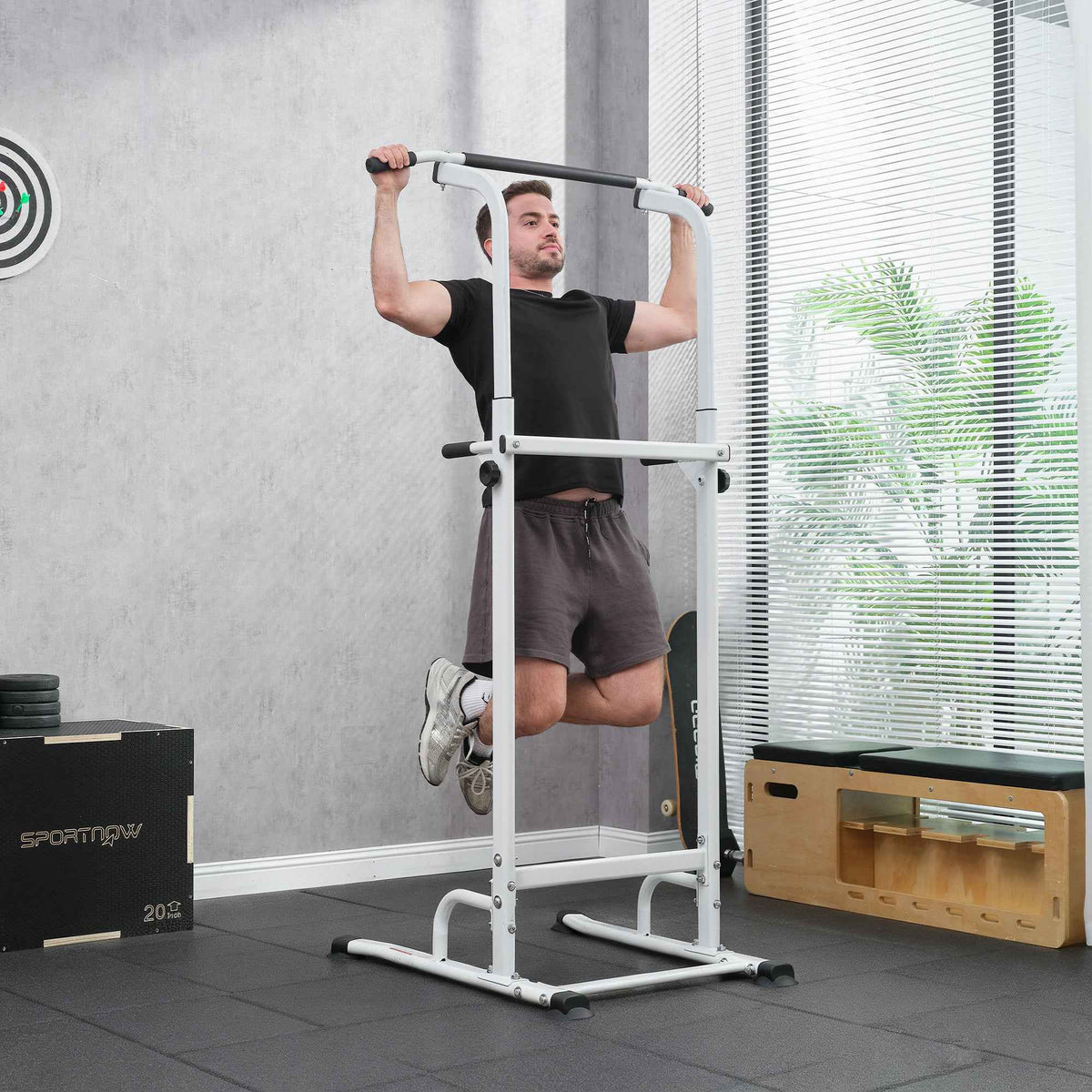 SPORTNOW Fitness Station with Dip and Pull-Up Bars, Adjustable Height 176.5-227 cm and 120 kg Capacity, White