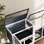 2-Level Rabbit Hutch with Ramp and 3 Trays, Fir Wood and Steel, 147x45x89.5 cm, Grey and White