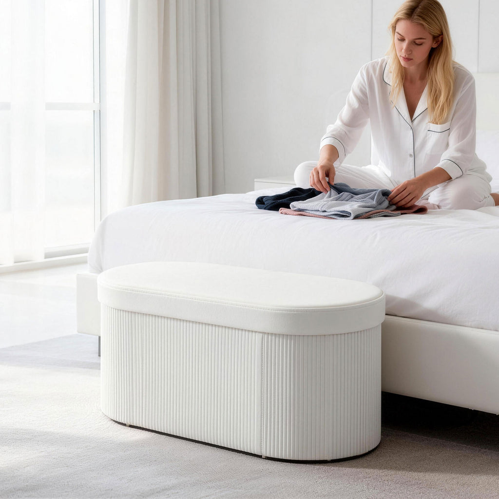 HOMCOM Foldable Storage Ottoman with 72L Compartment and Velvet Upholstery, 76x38x35 cm, Cream