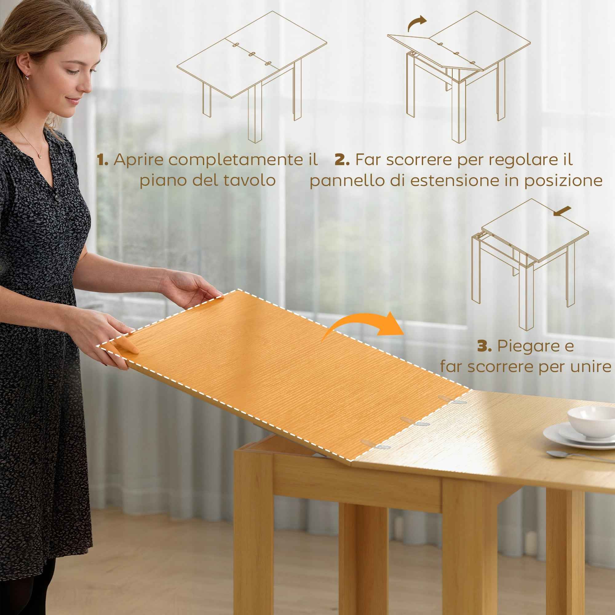 HOMCOM Extendable Dining Table for 4-6 People in Wood and Steel, 140x80x77.5 cm, Wood Color