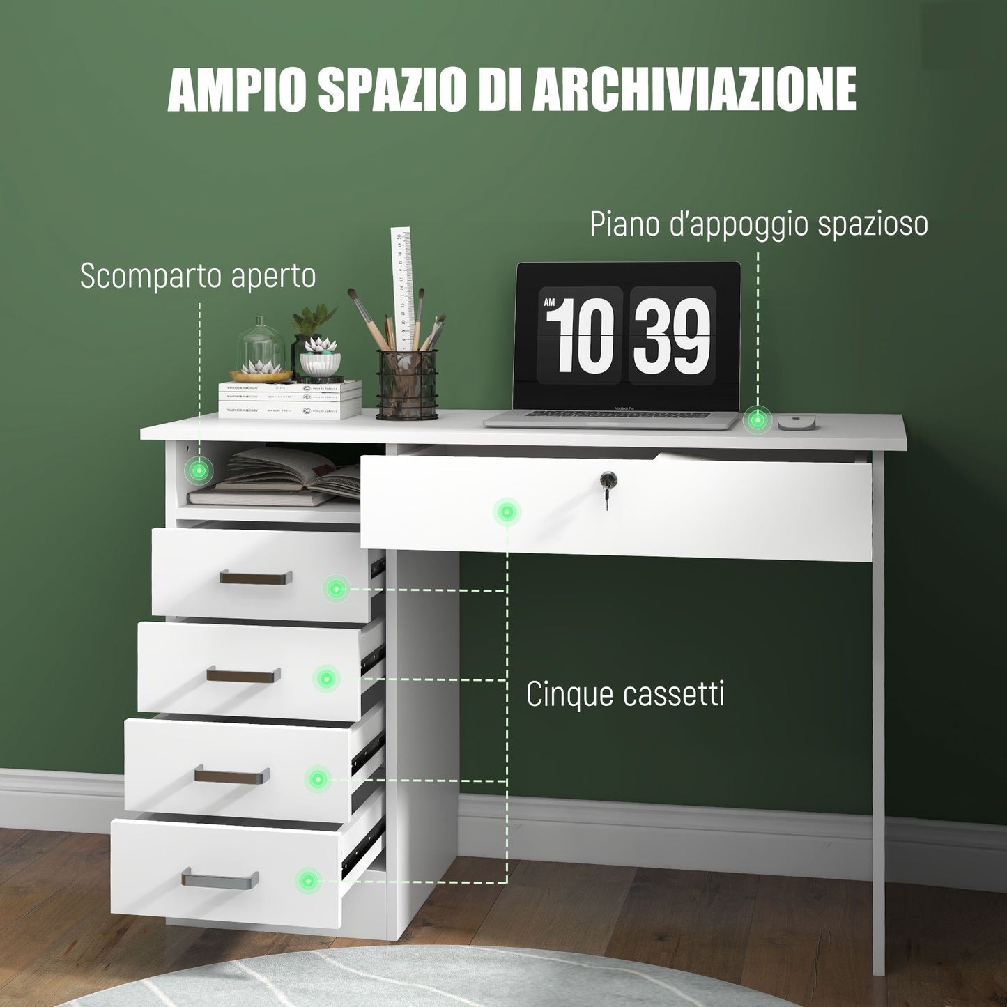 HOMCOM Modern Desk with 5 Drawers and Open Compartment with Lock and 2 Keys, 110x50x76cm, White