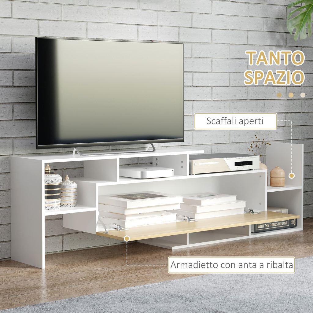 TV Cabinet with Wall Shelf, Open Shelves and Wooden Cabinet, White and Natural Wood