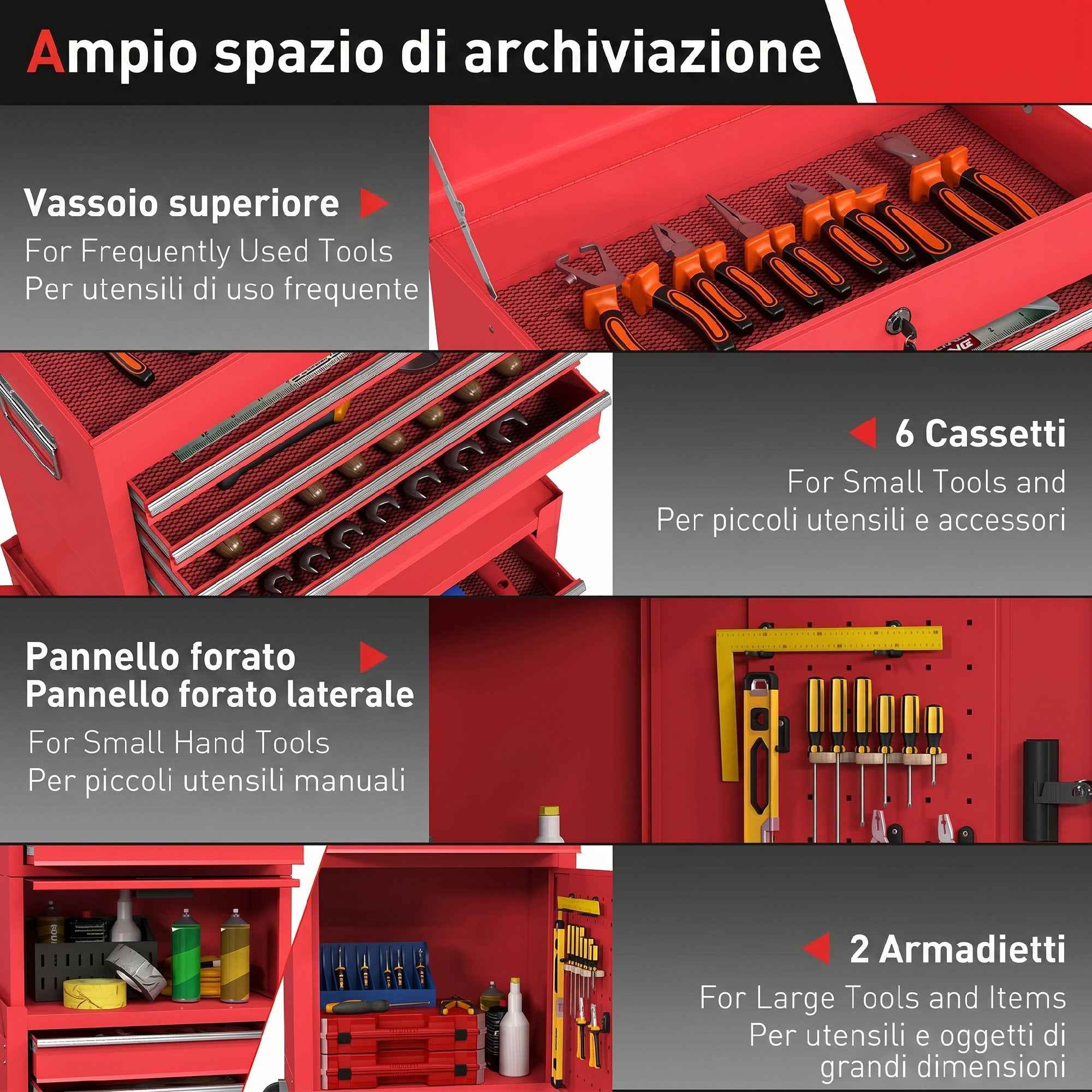 HOMCOM Steel Tool Cart with Lock, 6 Drawers, 2 Cabinets, Pegboard, Wheels and Handle, Red