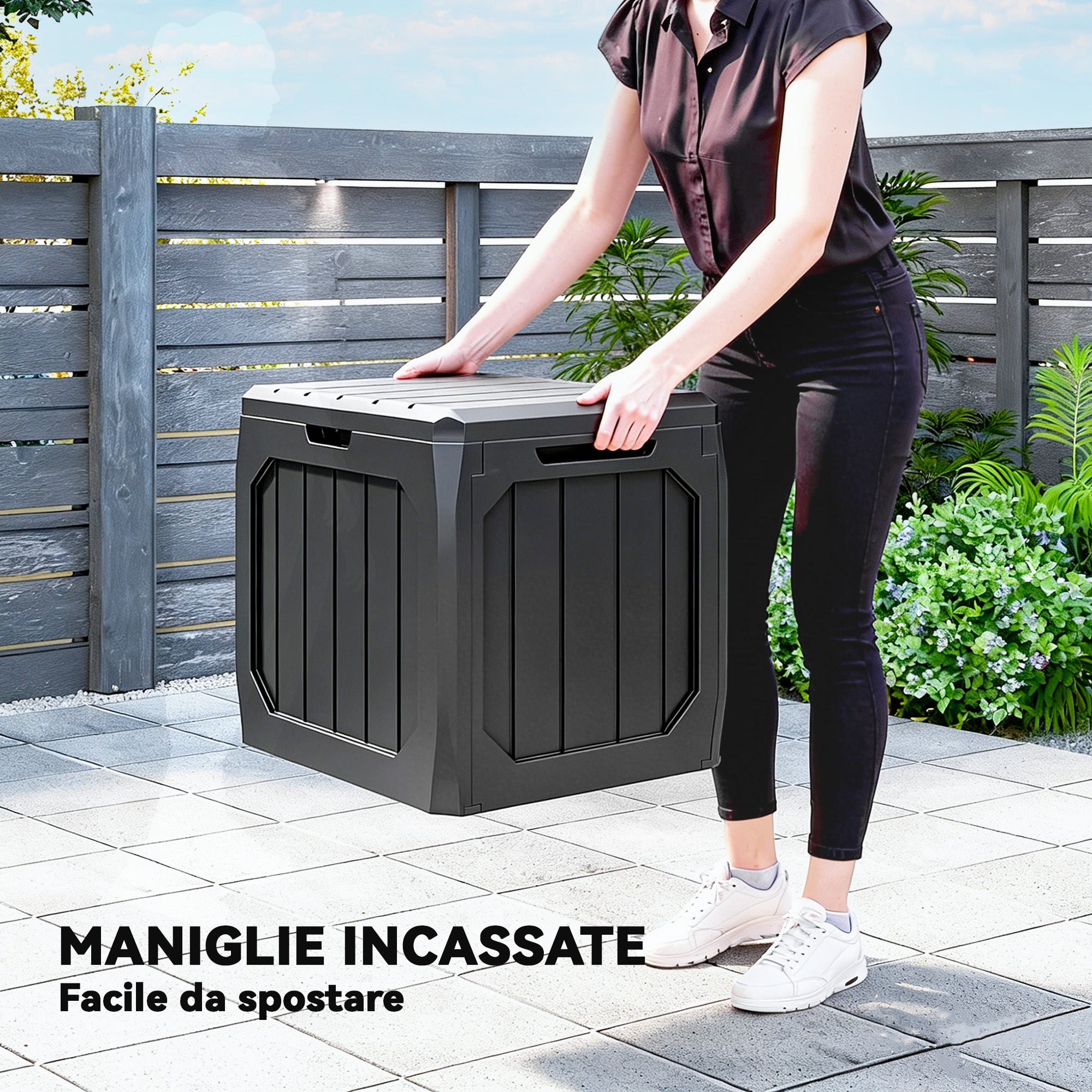 Outsunny 121L Plastic Garden Storage Chest with Handles and Waterproof, 56x45x53 cm, Black