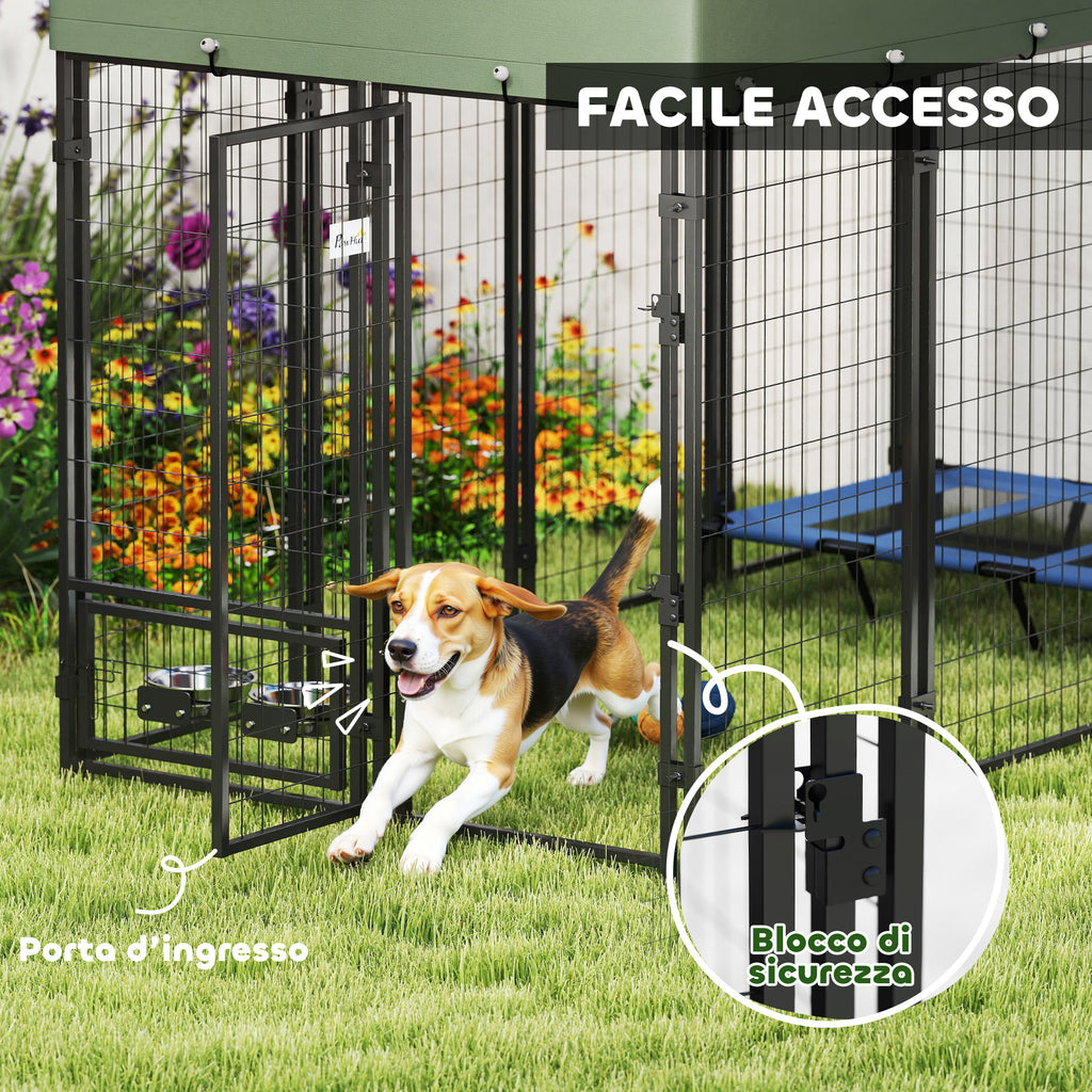 PawHut Outdoor Steel Dog Playpen with Oxford Fabric Roof, Anti-UV, Waterproof, 2 Bowls, Green
