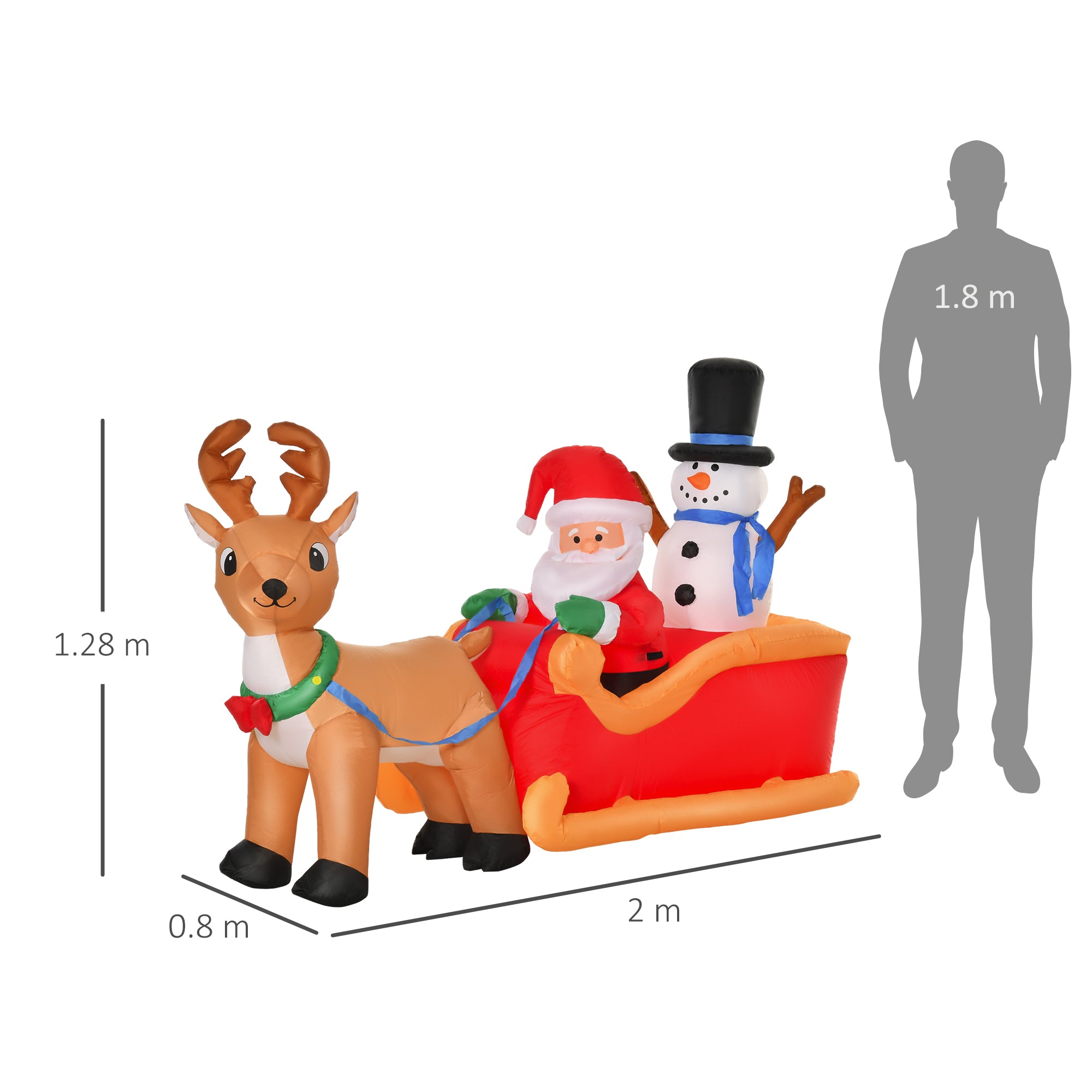 Inflatable Santa Claus with Sleigh, Reindeer, Snowman and LED Lights, Outdoor Christmas Decoration, 200x80x128cm