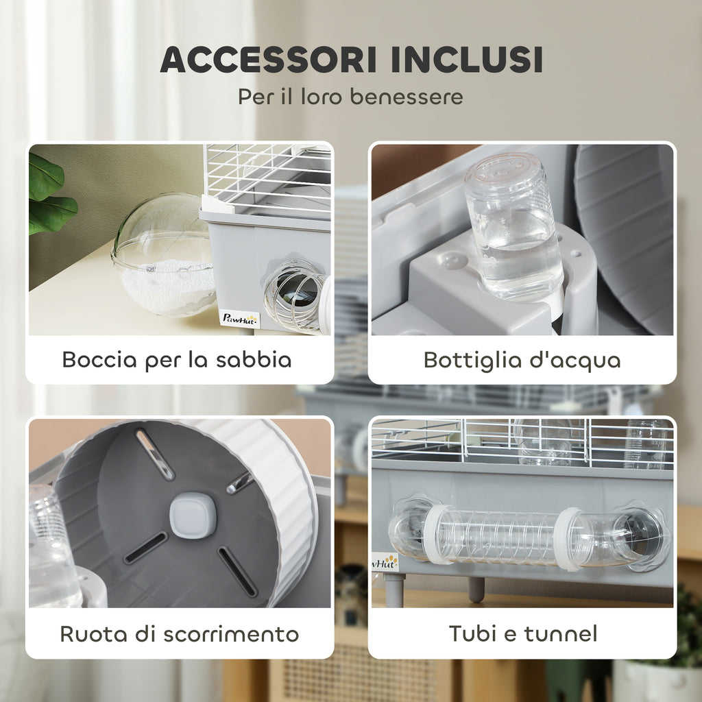 2-Tier, 3-Door Hamster Cage with Wheel and Tubes, Steel, PS and PP, 44.5x28x44 cm, Grey and White