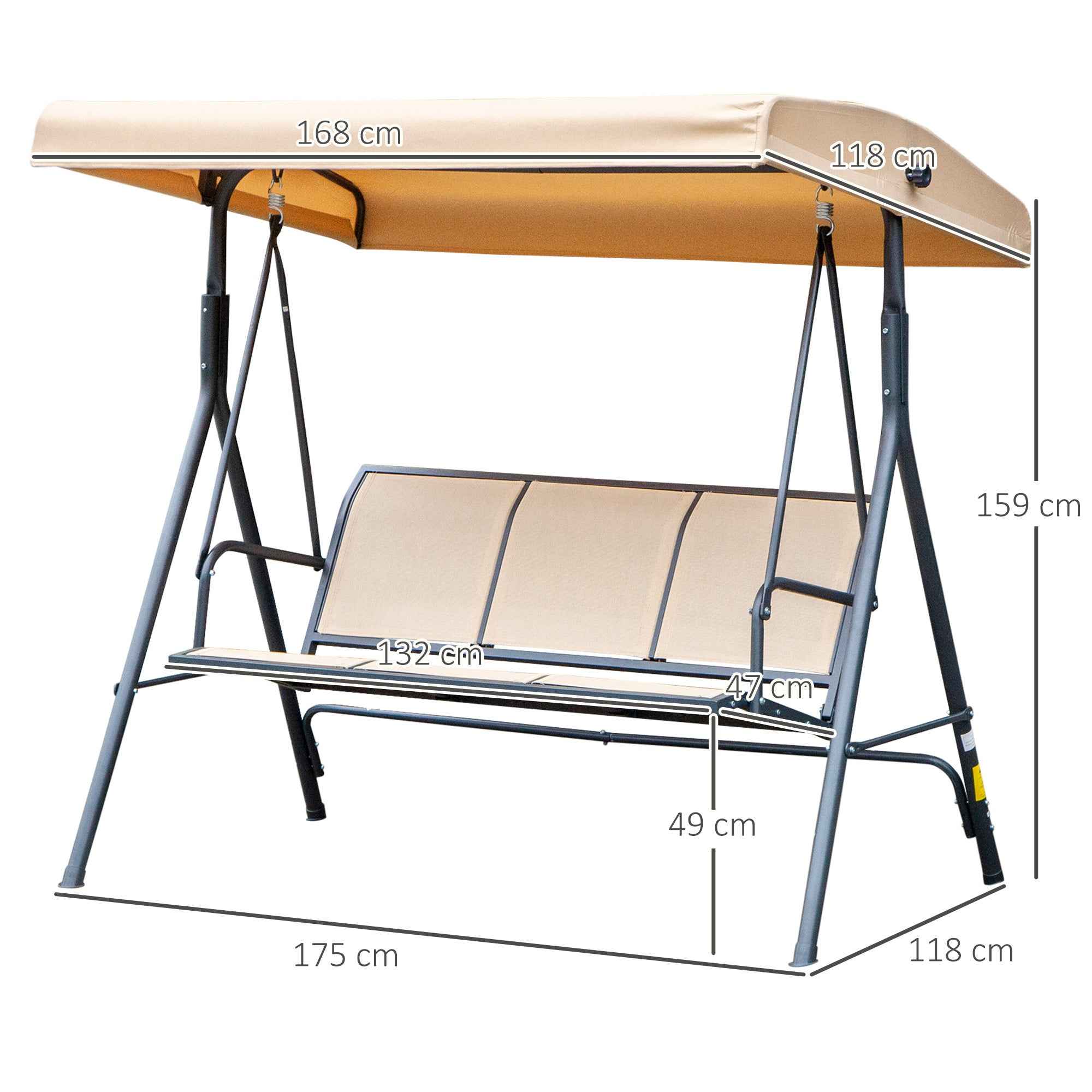 Outsunny 3-Seater Garden Swing with Canopy, Breathable Seat, and Steel Frame, Beige