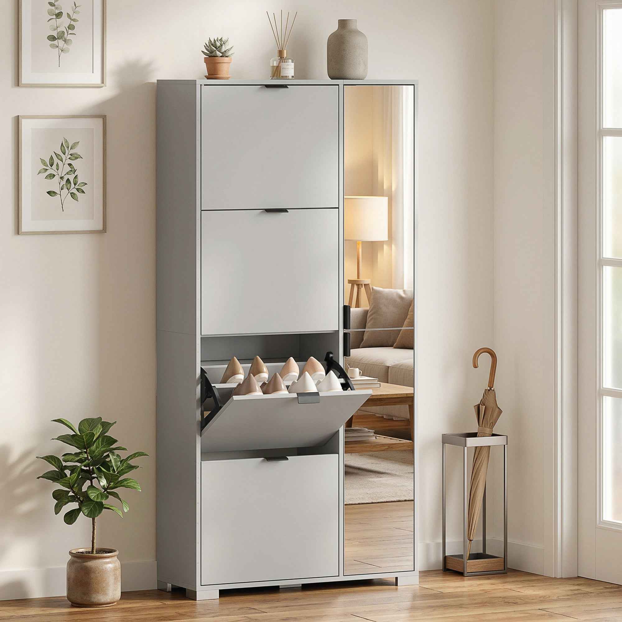 HOMCOM Shoe Rack with Mirror, 4 Drawers with Flap, Entrance Shoe Rack, Grey