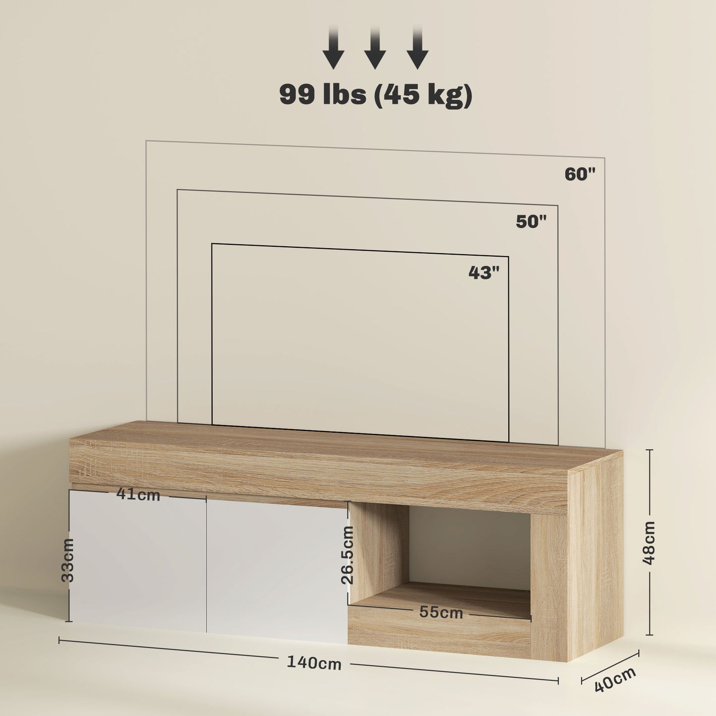 TV Cabinet 60" with 2 Doors Cabinet and Open Shelf, 140x40x48 cm, Natural Wood Colour