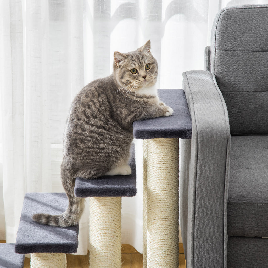 PawHut 4-Step Plush Dog and Cat Ladder with Sisal Scratching Posts, Grey