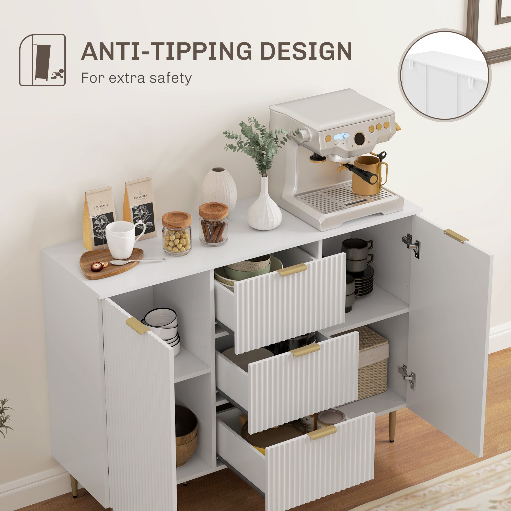 Modern Sideboard with 3 Drawers, 2 Cabinets and Adjustable Shelves, Wood and Metal, White