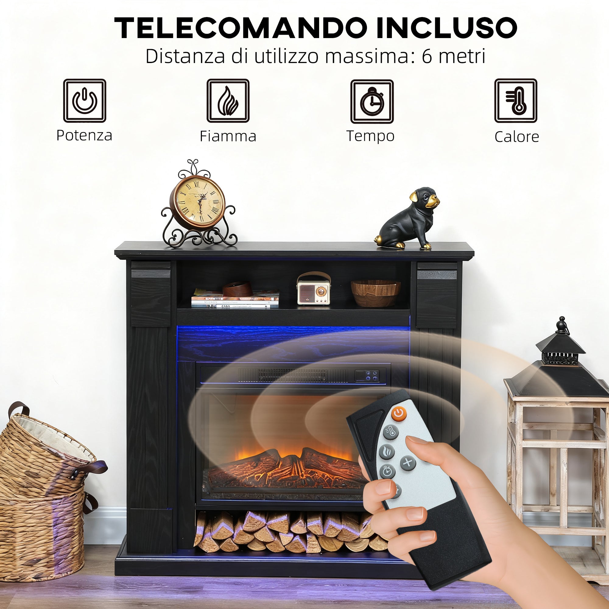 1800W Adjustable Electric Fireplace with 3D Flame, Shelf, Timer and Remote Control, 105x27x97 cm, Black