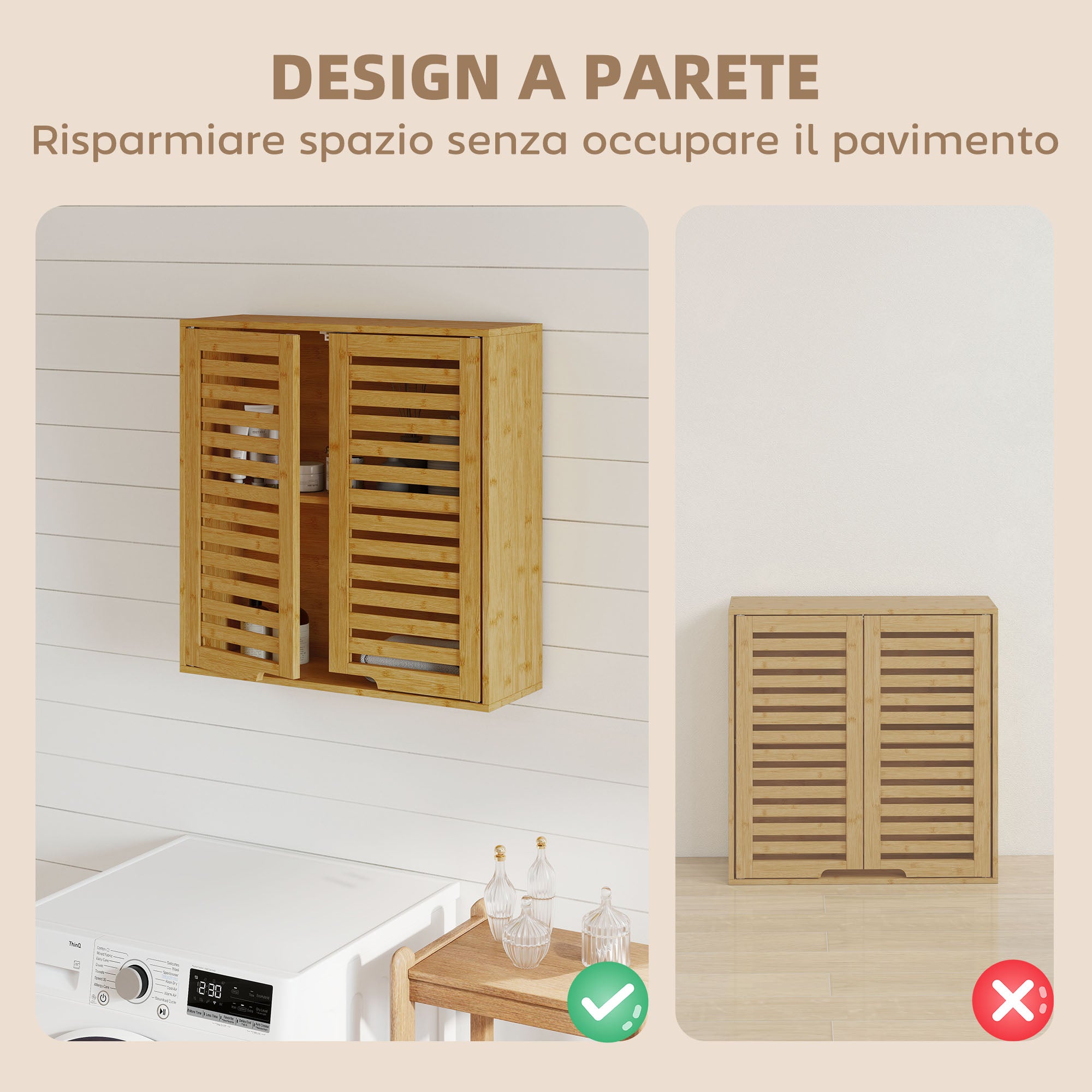 Bathroom Cabinet with Adjustable Internal Shelf and Shutter Doors, Bamboo, 60x20x60 cm, Wood Color