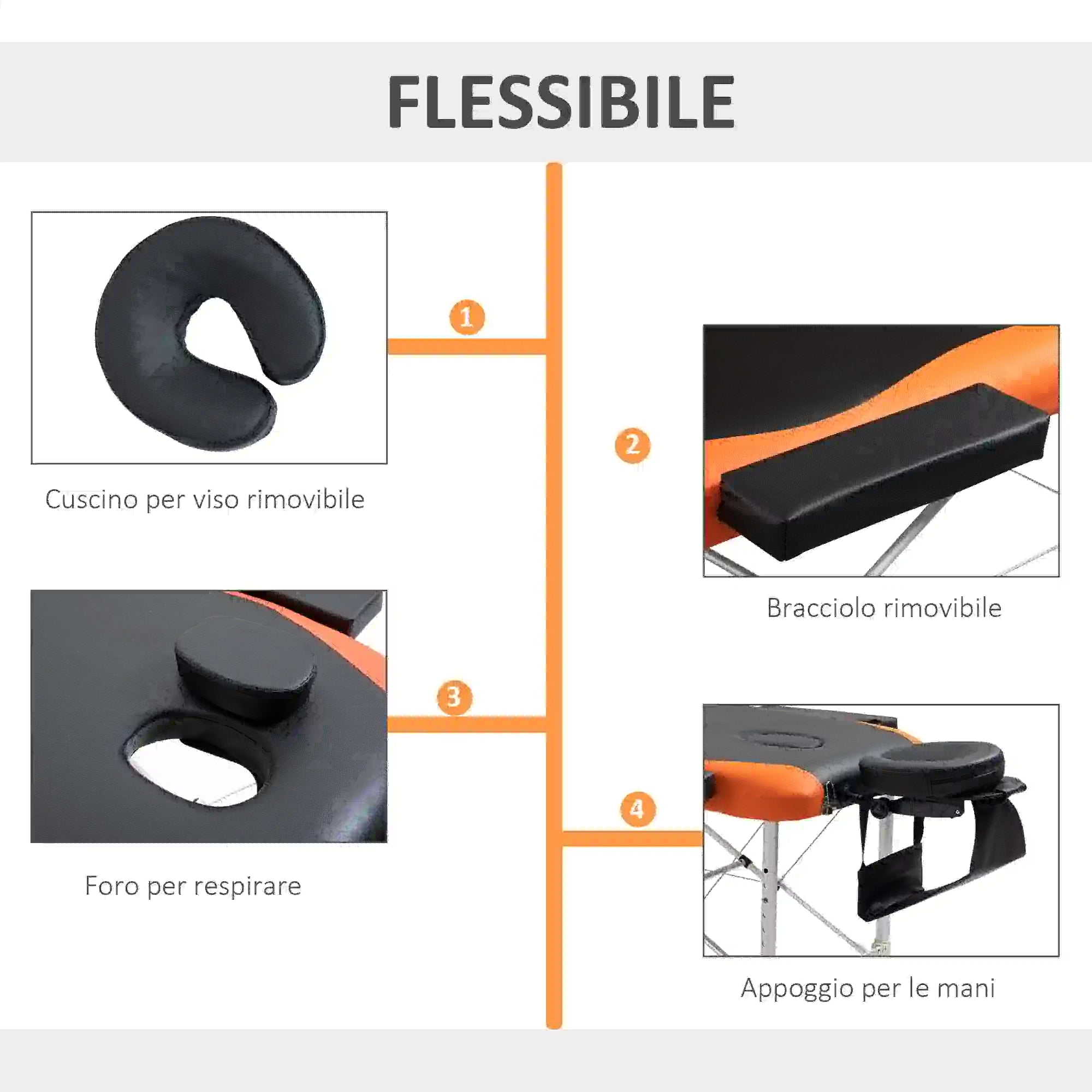 Foldable Massage and Beauty Table / Couch with Adjustable Height, Professional Massage Bed in Aluminum and Plastic, 215x60x61-84 cm, Black and Orange - Borge' Group Limited