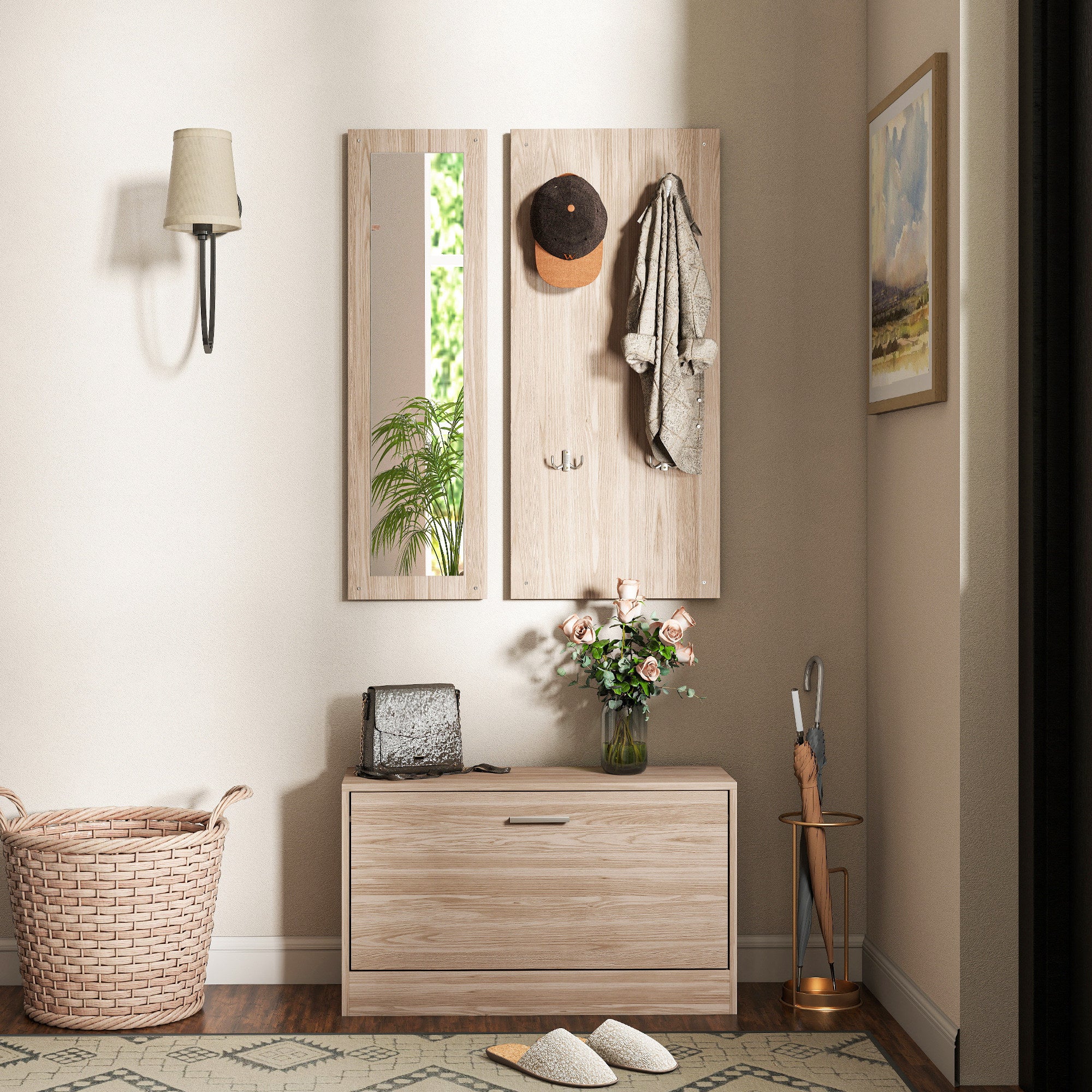 Hallway Furniture Set with Shoe Bench, Wall-Mounted Coat Rack and Mirror, 80x27x46.5 cm, Dark Brown