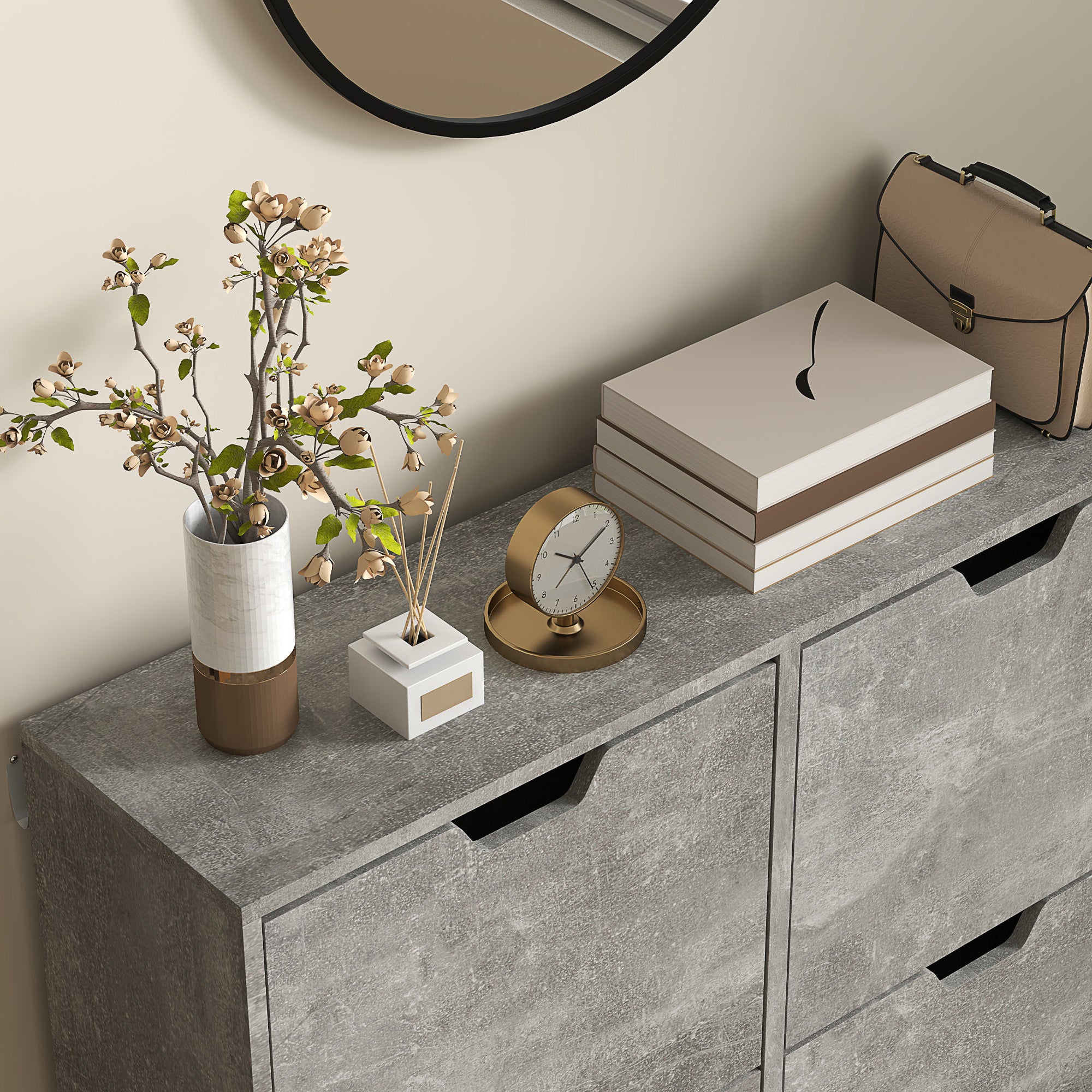 Mobile Shoe Rack with 4 Folding Drawers at 2 Levels for 16 Pairs, in Wood, 95x26x95 cm, Gray
