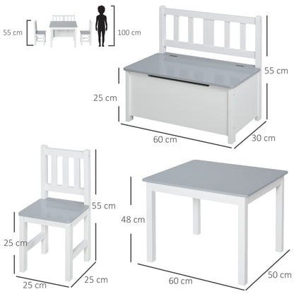 Children's Table Set with 2 Chairs and Wooden Chest for Kids' Bedroom, White and Grey