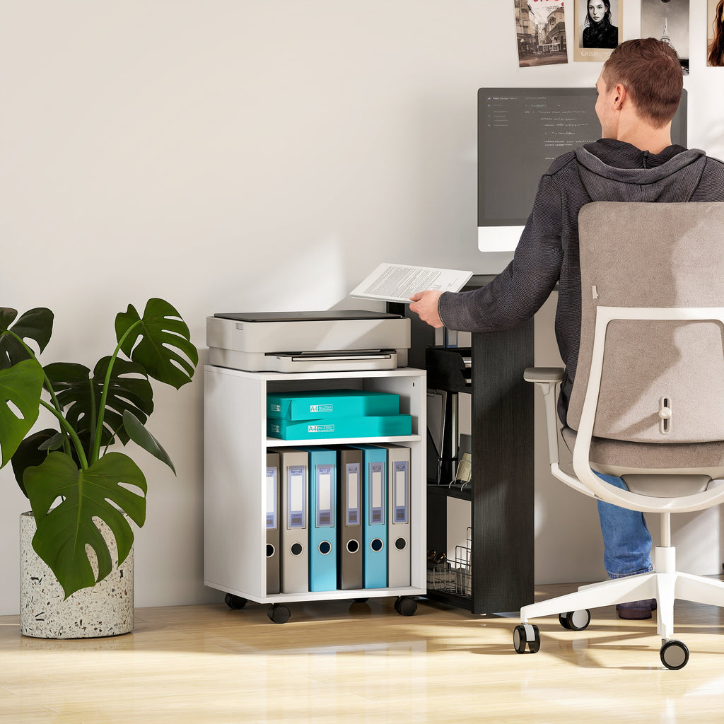 Printer Stand with Wheels and 2 Open Wooden Shelves, 40x35x55.5 cm, White