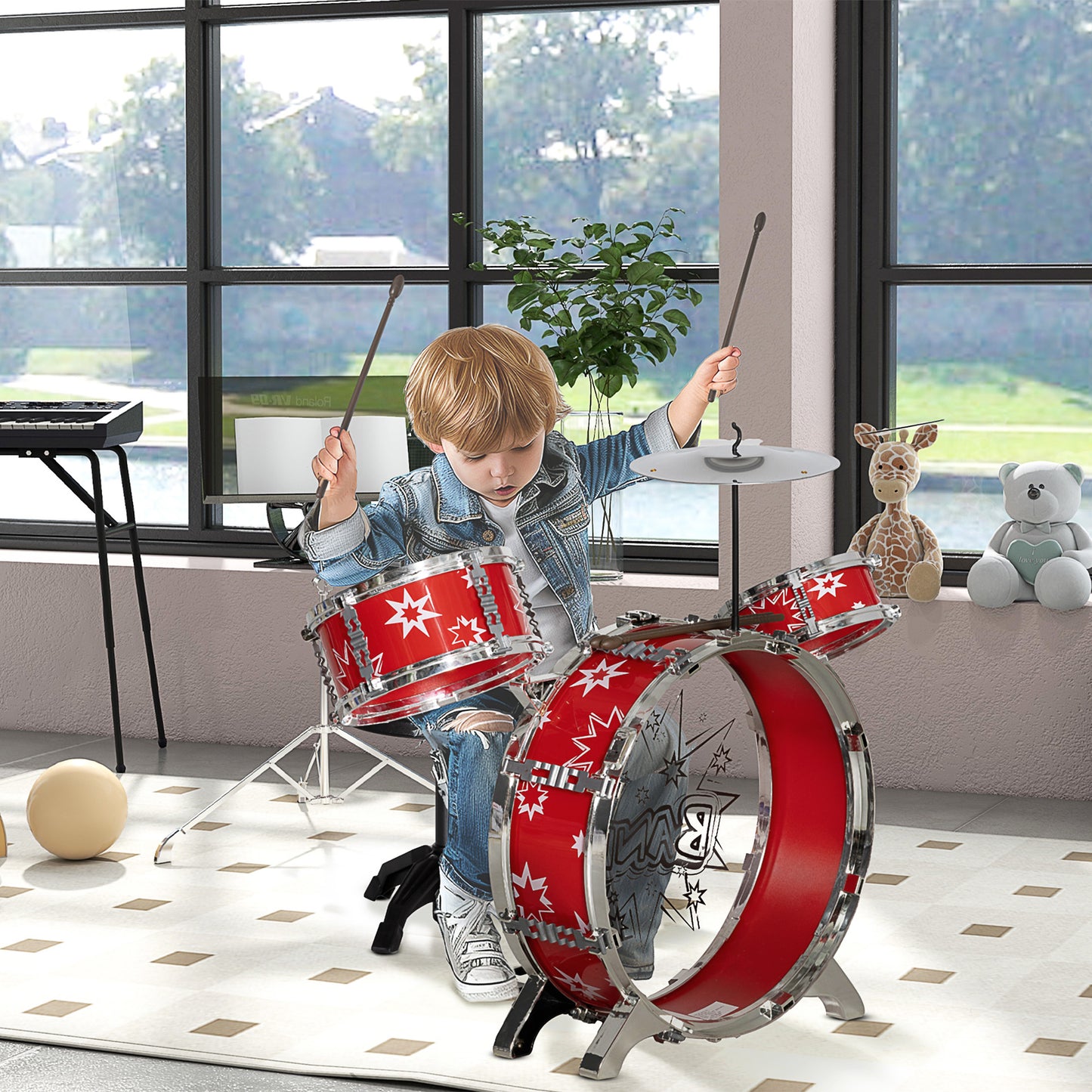 AIYAPLAY 7-Piece Drum Set for Children 3-6 Years with Stool and Drumsticks, in Plastic and Metal, 72x29x56 cm, Red