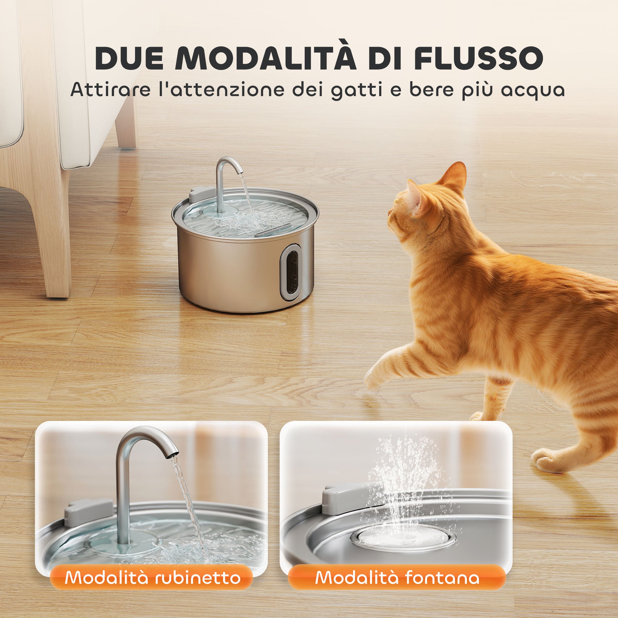 2.5L Cat Water Fountain with LED Light and 2 Flow Modes, Stainless Steel, 19.4x19.4x18.7 cm, Silve