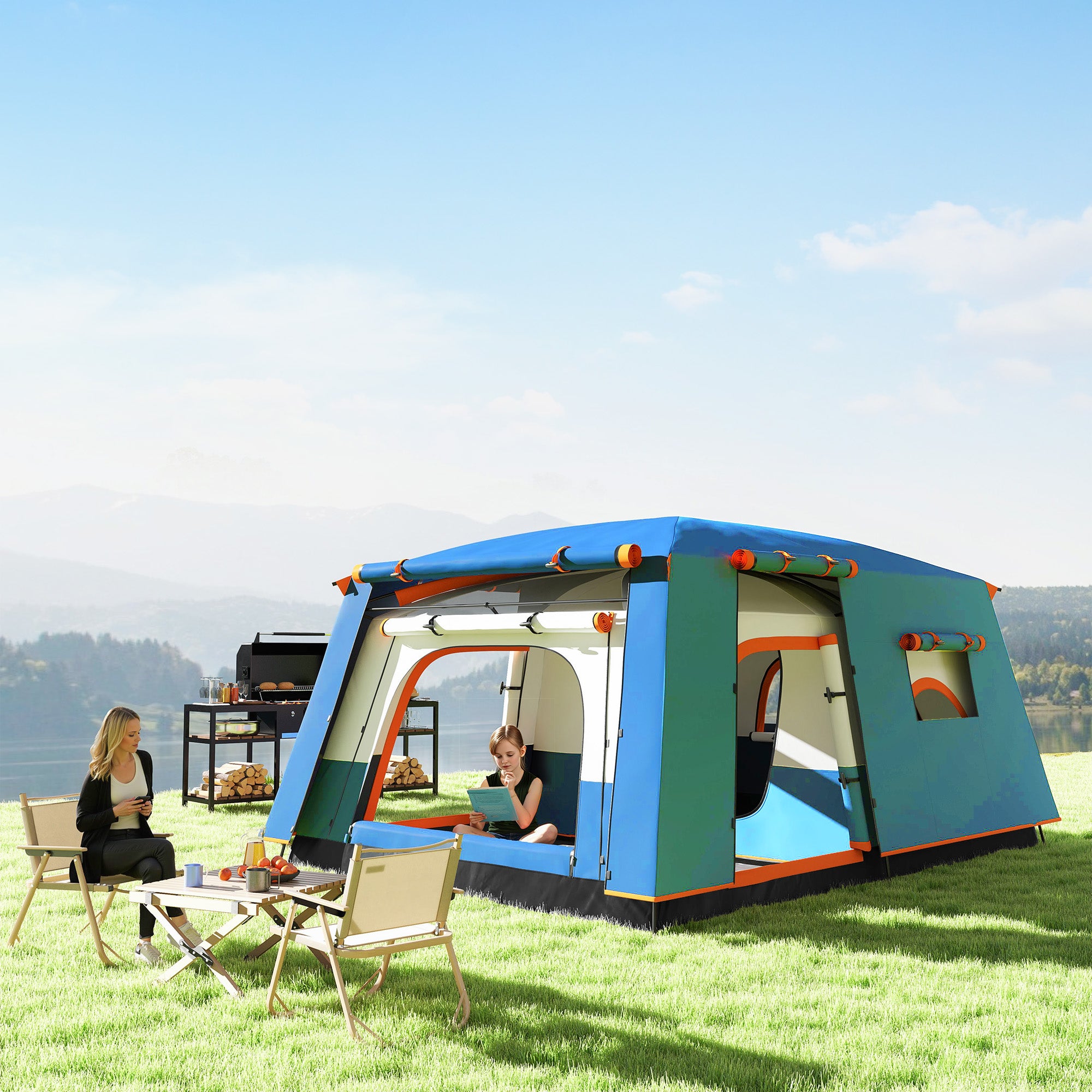 4-6 Person 2-Room Camping Tent with Veranda, Waterproof and UPF 30+, Carry Bag, Blue