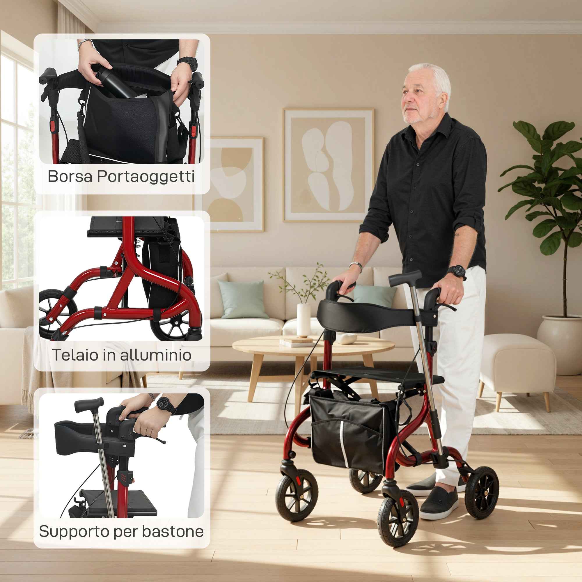 HOMCOM Folding Walker with Seat and Backrest for the Elderly, Adjustable Height, Bag and Cane Holder, Red