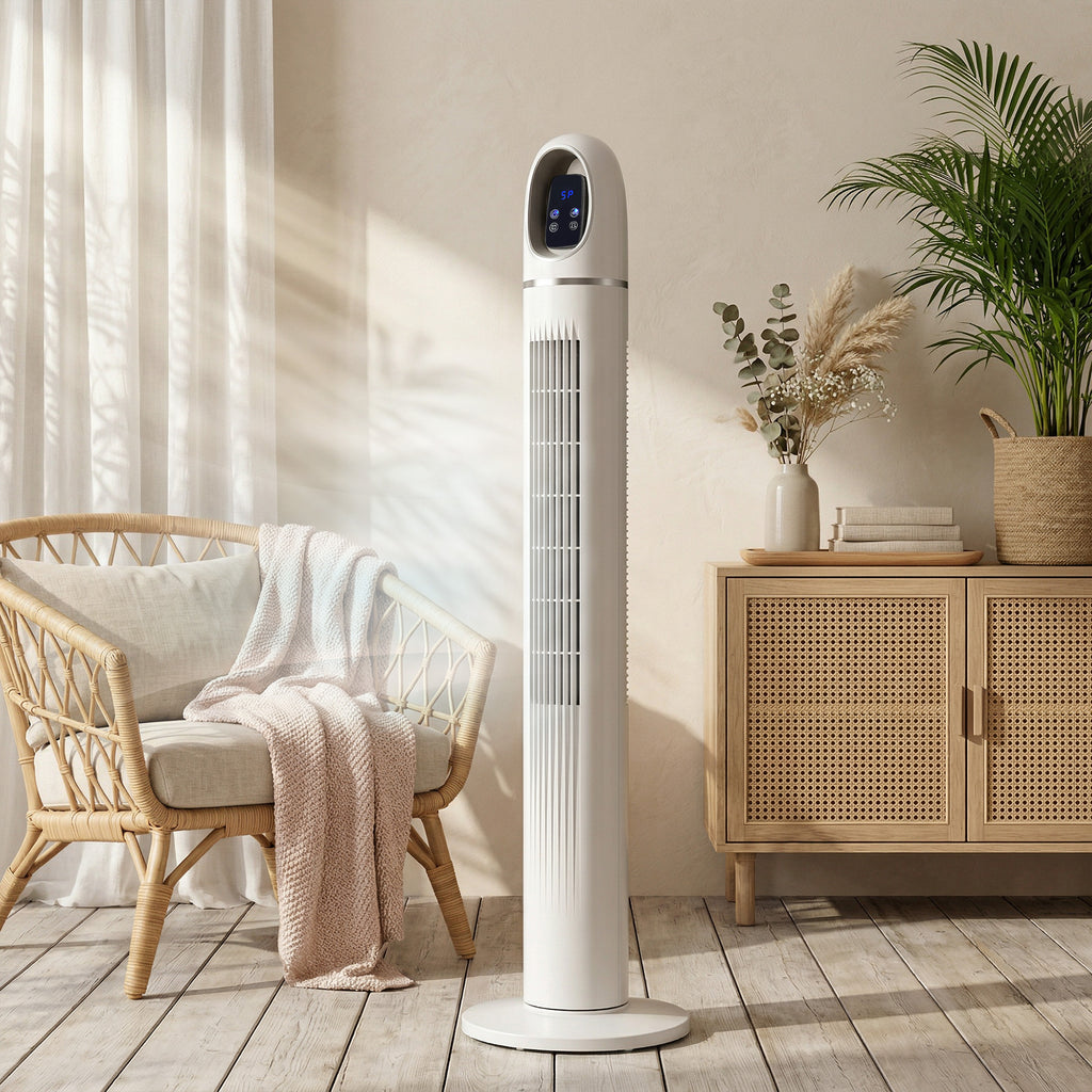 Tower Fan for Bedroom, 70° Oscillating Floor Fan, 4 Modes, 3 Speeds, 24-Hour Timer, White
