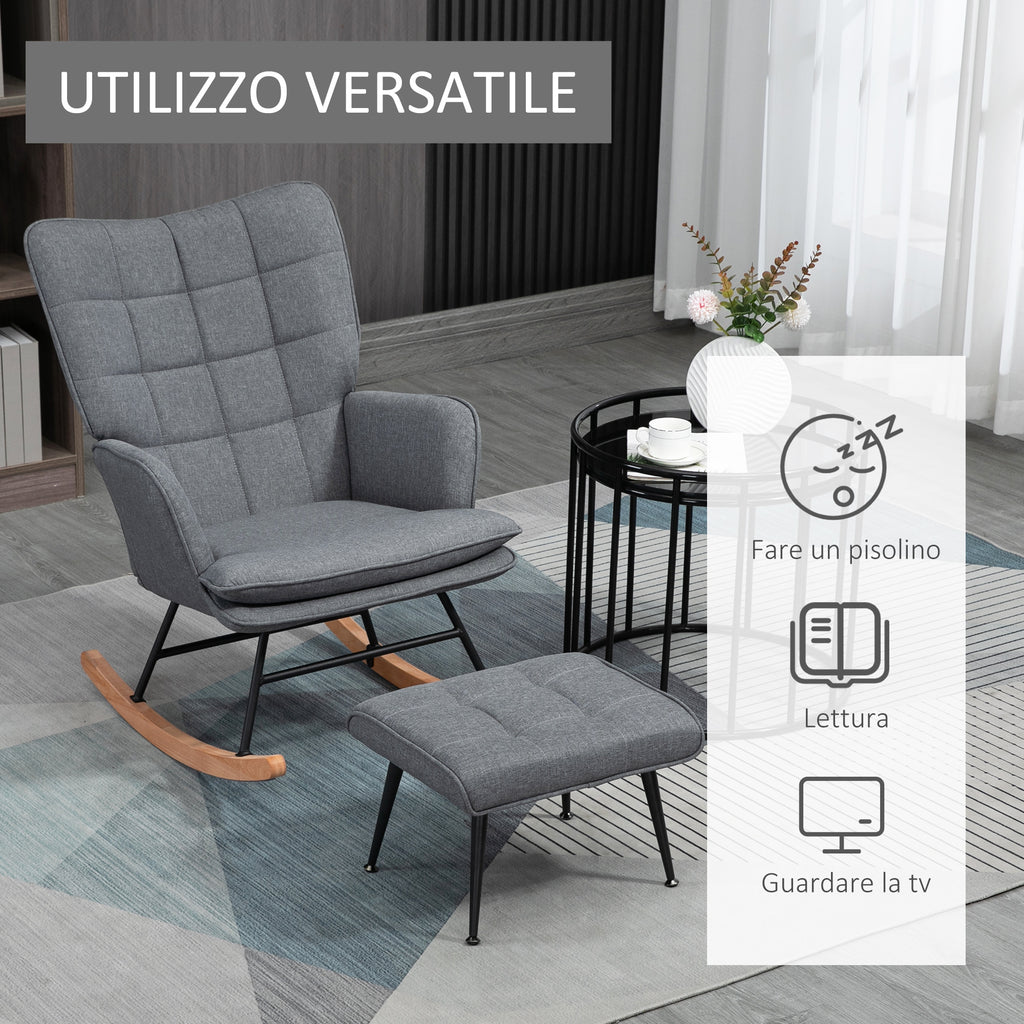 Rocking Chair with Ottoman in Linen and Wood Effect Fabric with Cushion, Armrests, 130 kg Capacity, Grey