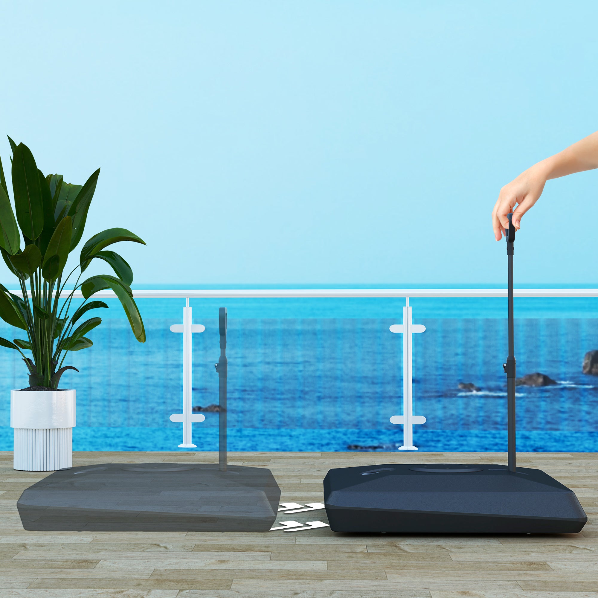 HDPE Cantilever Umbrella Base with Handle and Wheels and Fillable with Water or Sand, 95x95x117 cm, Black