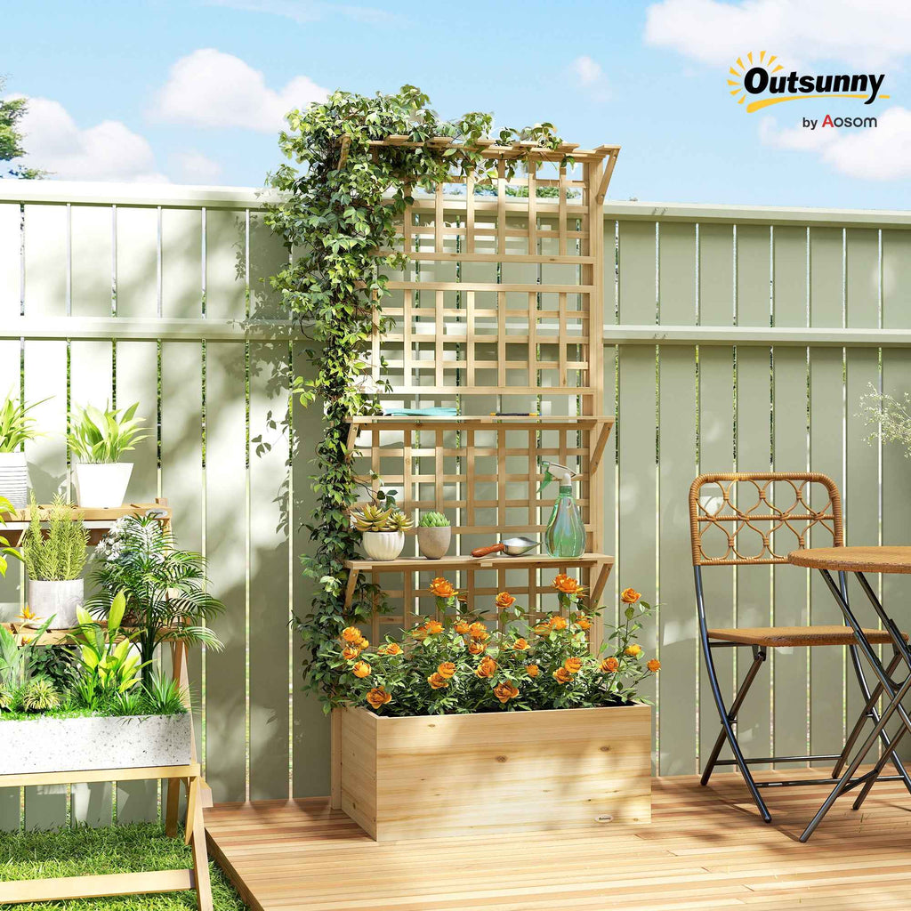 Outsunny Raised Wooden Planter with Trellis, Roof and 2 Shelves, 76x43.5x177 cm, Natural Wood