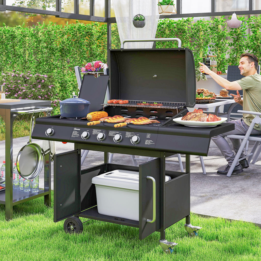 Gas Barbecue with Side Burner, Table and Cabinet, in Steel and PP, 129.5x56x110 cm, Black
