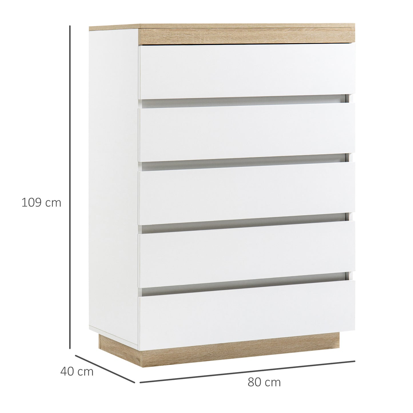 Minimal 5 Drawer Chest of Drawers in Wood, 80x40x109 cm, White and Oak Color