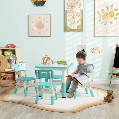 Children's Table and Chair Set 5pcs with 4 Adjustable Chairs 32x36x52.5-56 cm and Table 60x60x46-58 cm, Green