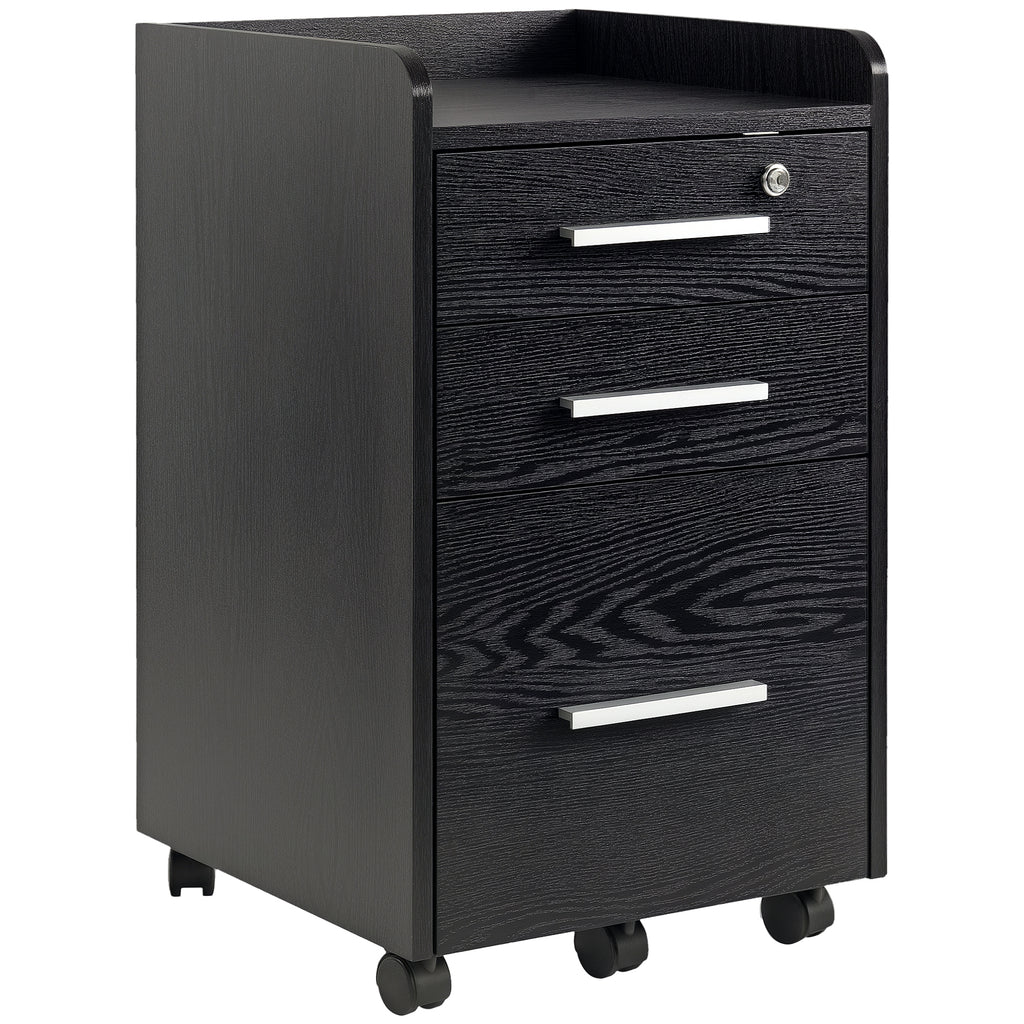 3-Drawer Wooden File Cabinet with Security Keys and 5 Wheels, 39.2 x 40 x 65.4 cm, Black